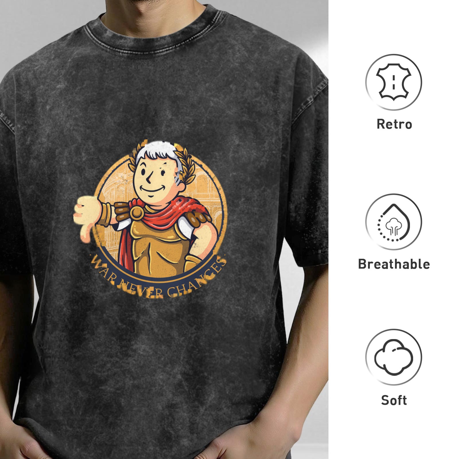 Washed Black T-Shirt with Roman Caesar Vault Boy 'War Never Changes' Graphic