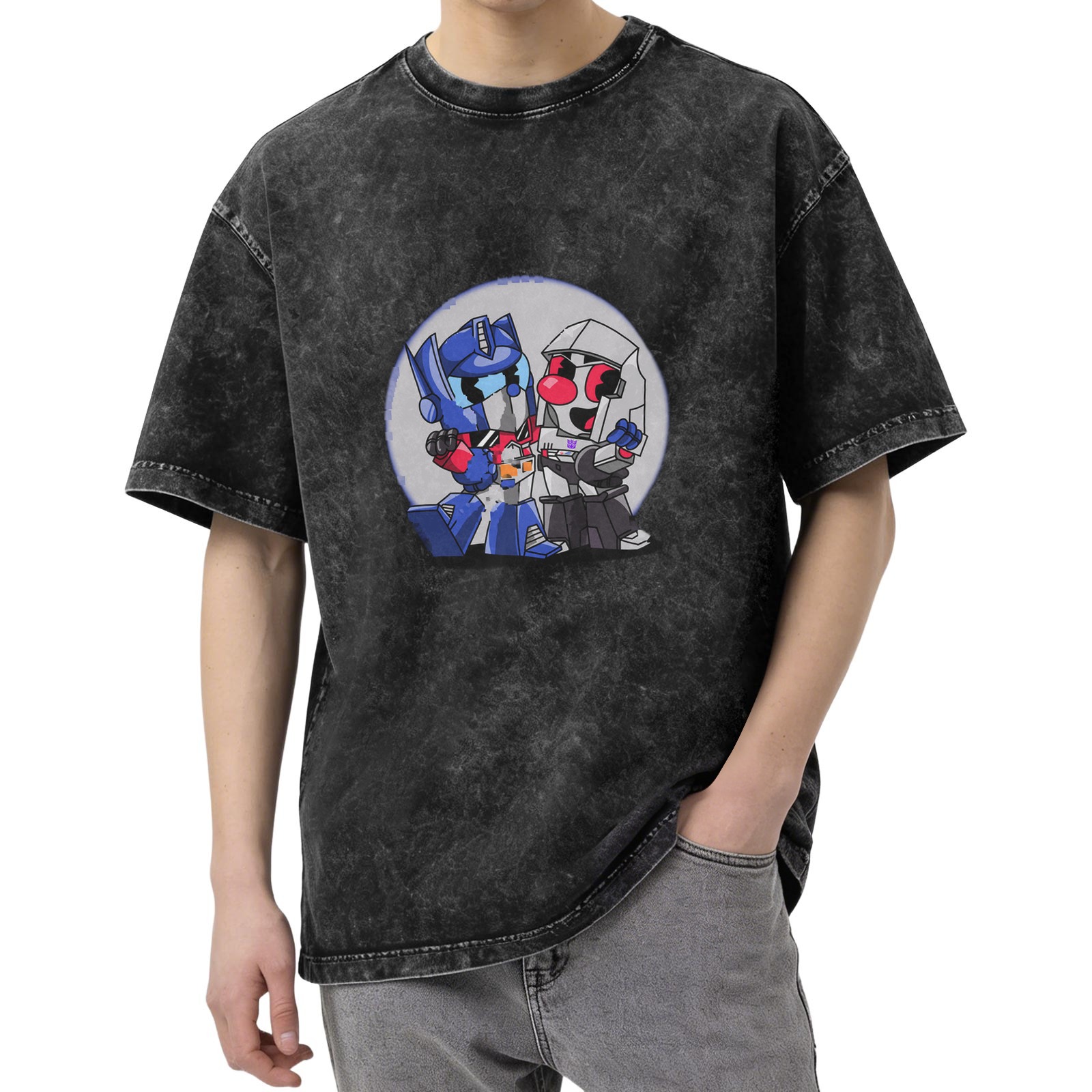 Oversized Dark Wash T-Shirt With Chibi Transformers Graphic
