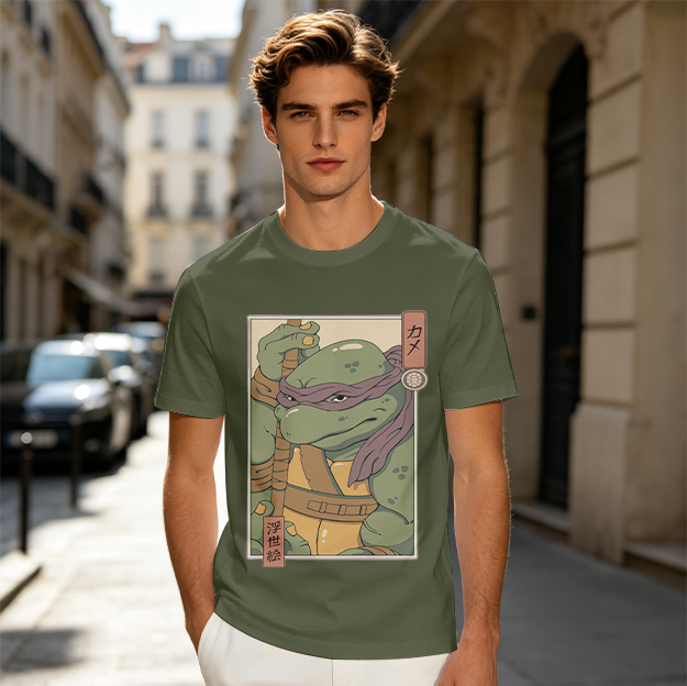 Olive T-shirt with Ukiyo-e style Donatello graphic print