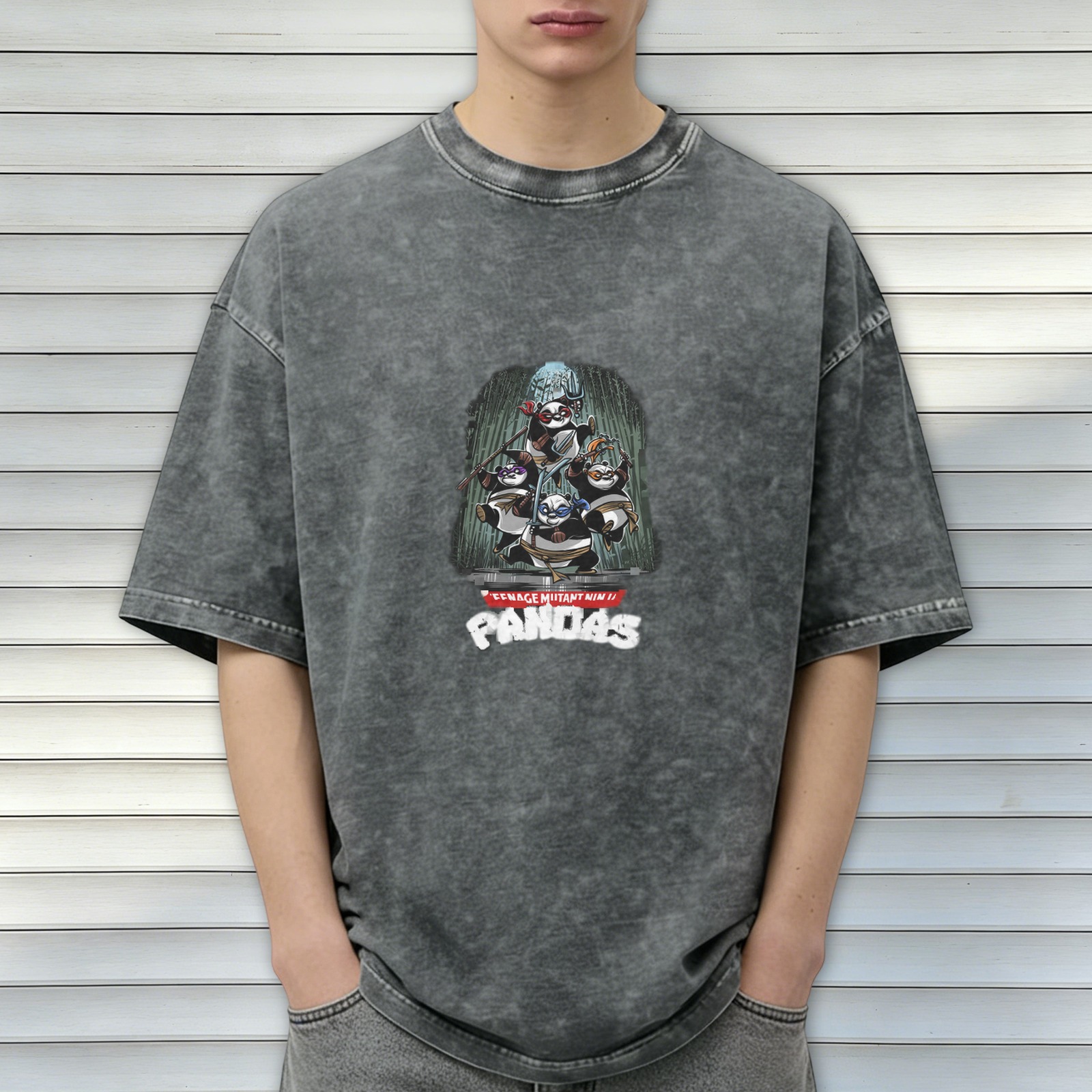 Oversized Washed Black T-Shirt with Teenage Mutant Ninja Pandas Graphic Print