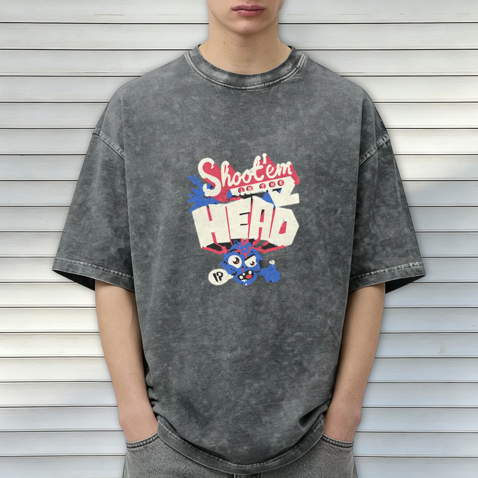 Oversized Acid Wash T-Shirt With Shoot Em In The Head Graphic