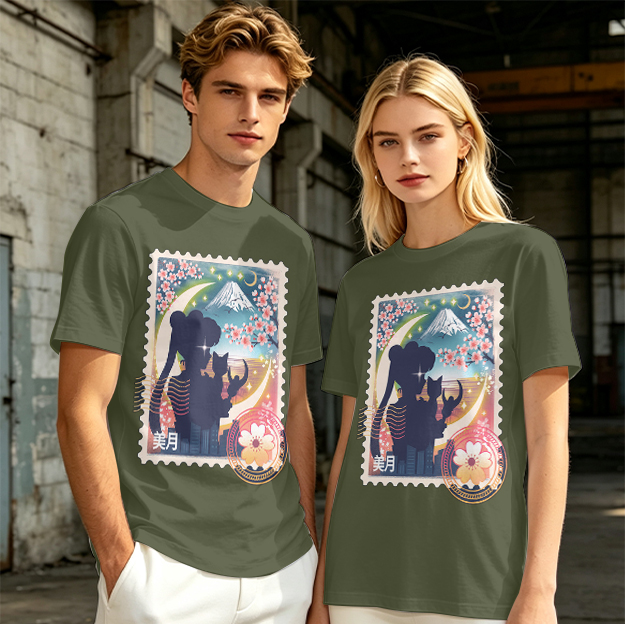 Olive T-shirt with Japanese stamp-style anime graphic print