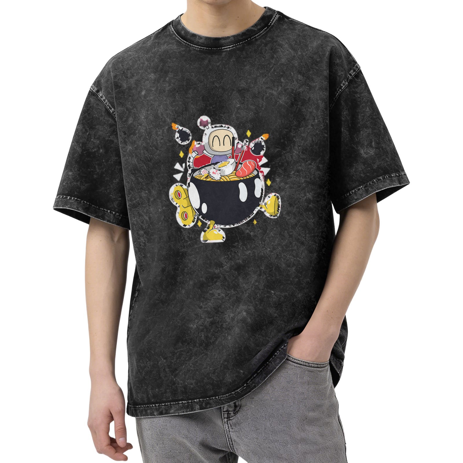 Washed black graphic t-shirt with cartoon bomber ramen bowl design