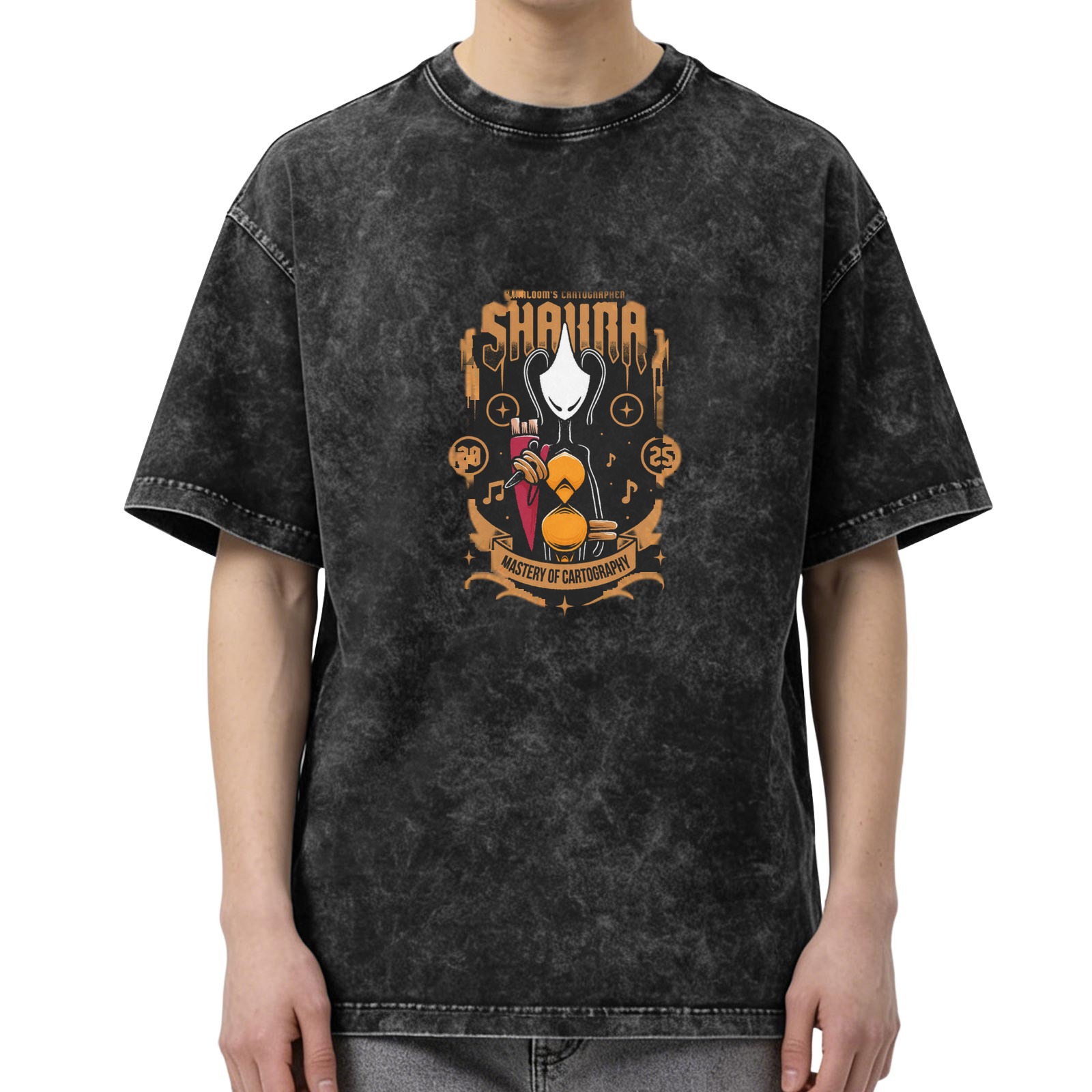Oversized Acid Wash T-Shirt with Hollow Knight Style Shade Mastery of Cartography Print