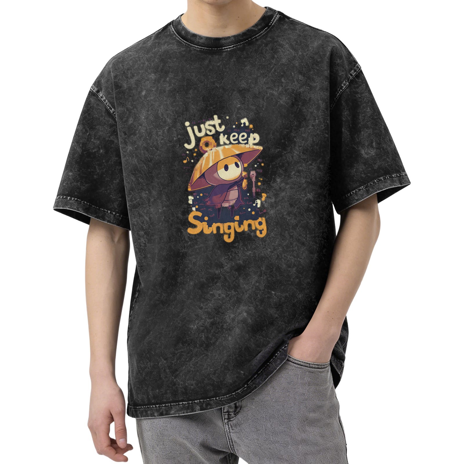 Just Keep Singing Mushroom Character Graphic Acid Wash T-Shirt