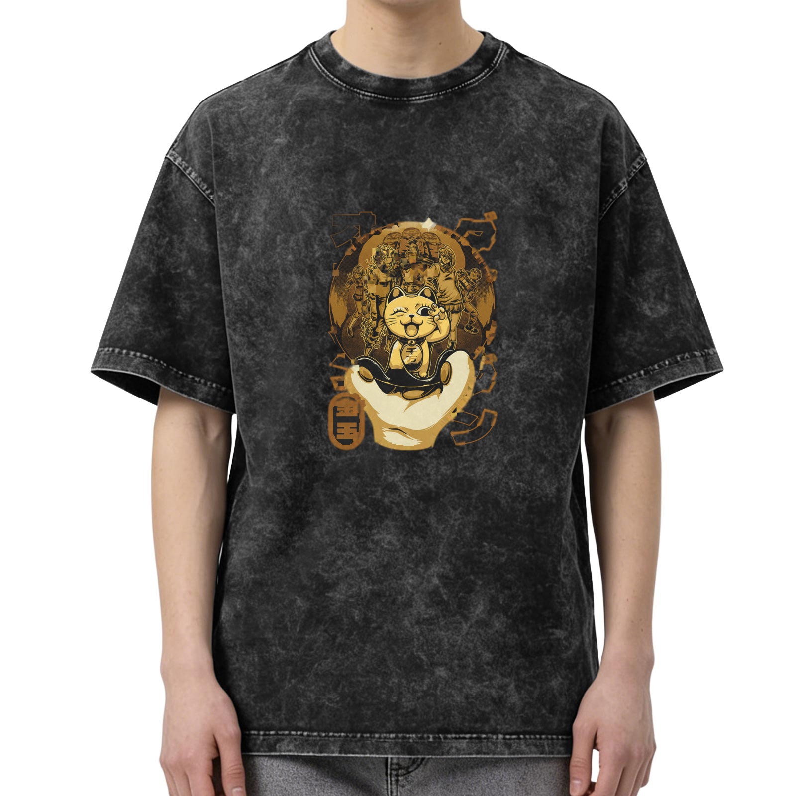 Washed Black Oversized T-Shirt With Lucky Cat Graphic Print