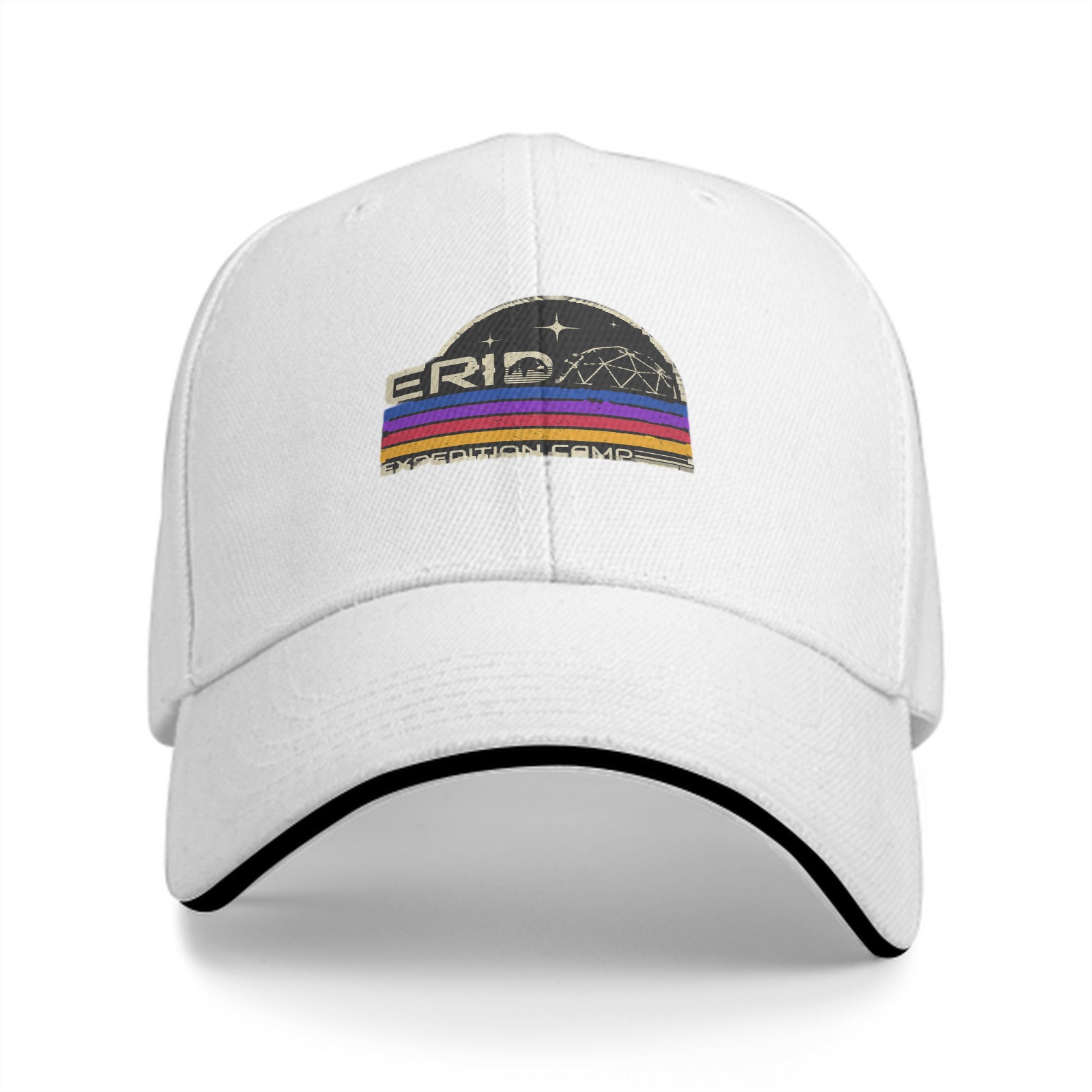 Black baseball cap with retro Erid Expedition Camp graphic