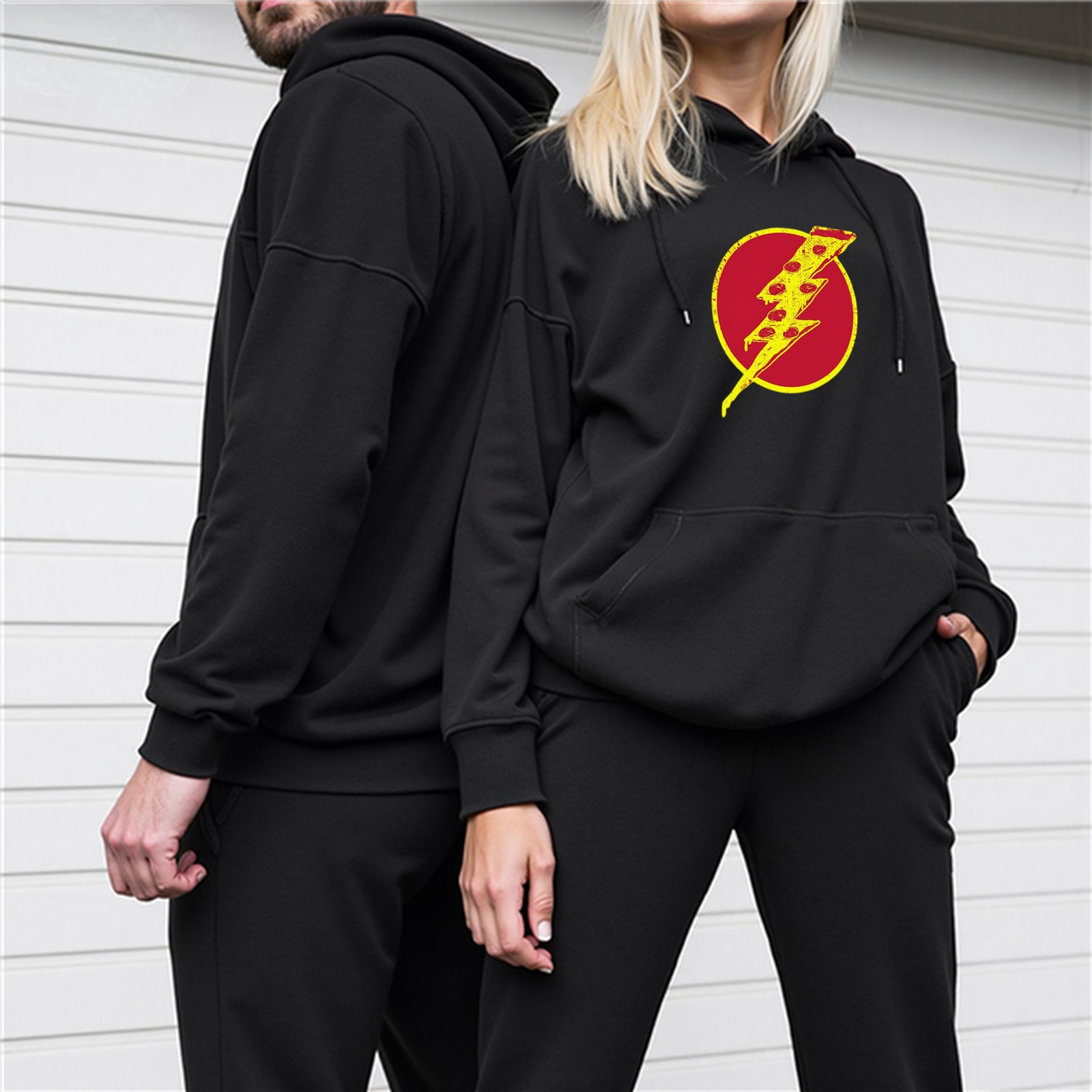 Black Hoodie With Distressed Flash Pizza Logo Design