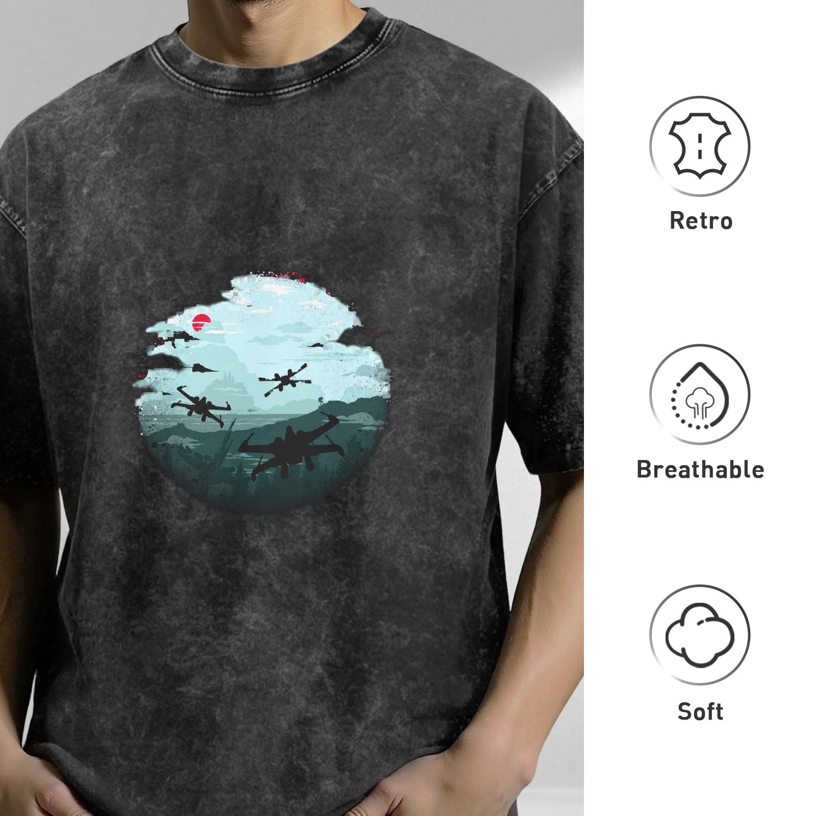 Oversized Vintage Wash Graphic T-Shirt with Star Wars X-Wing Fighter Design