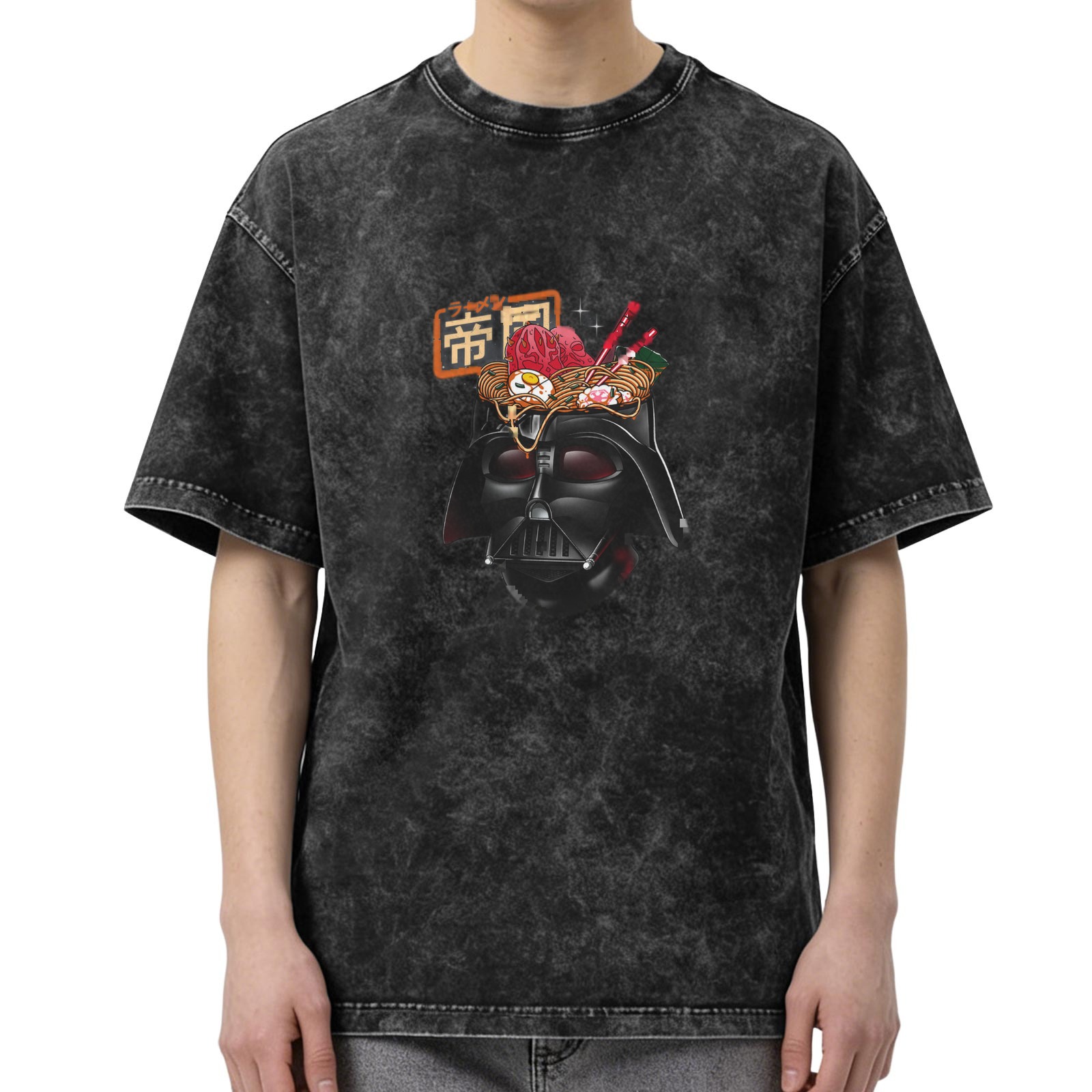 Washed Black T-Shirt With Darth Vader Ramen Graphic Print