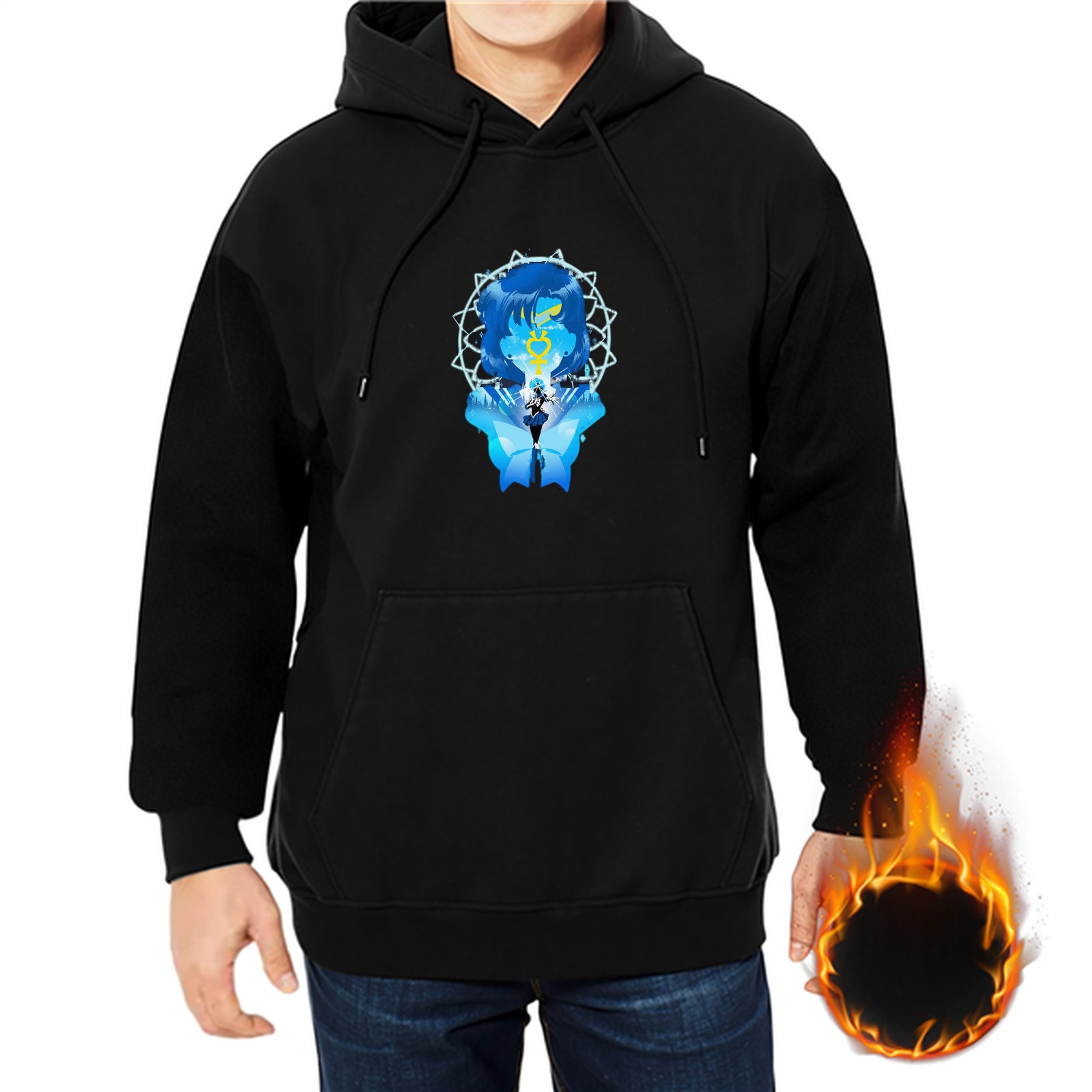 Black hoodie with blue anime character graphic print