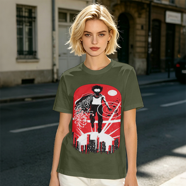 Olive T-Shirt With Anime Superhero Over City Graphic