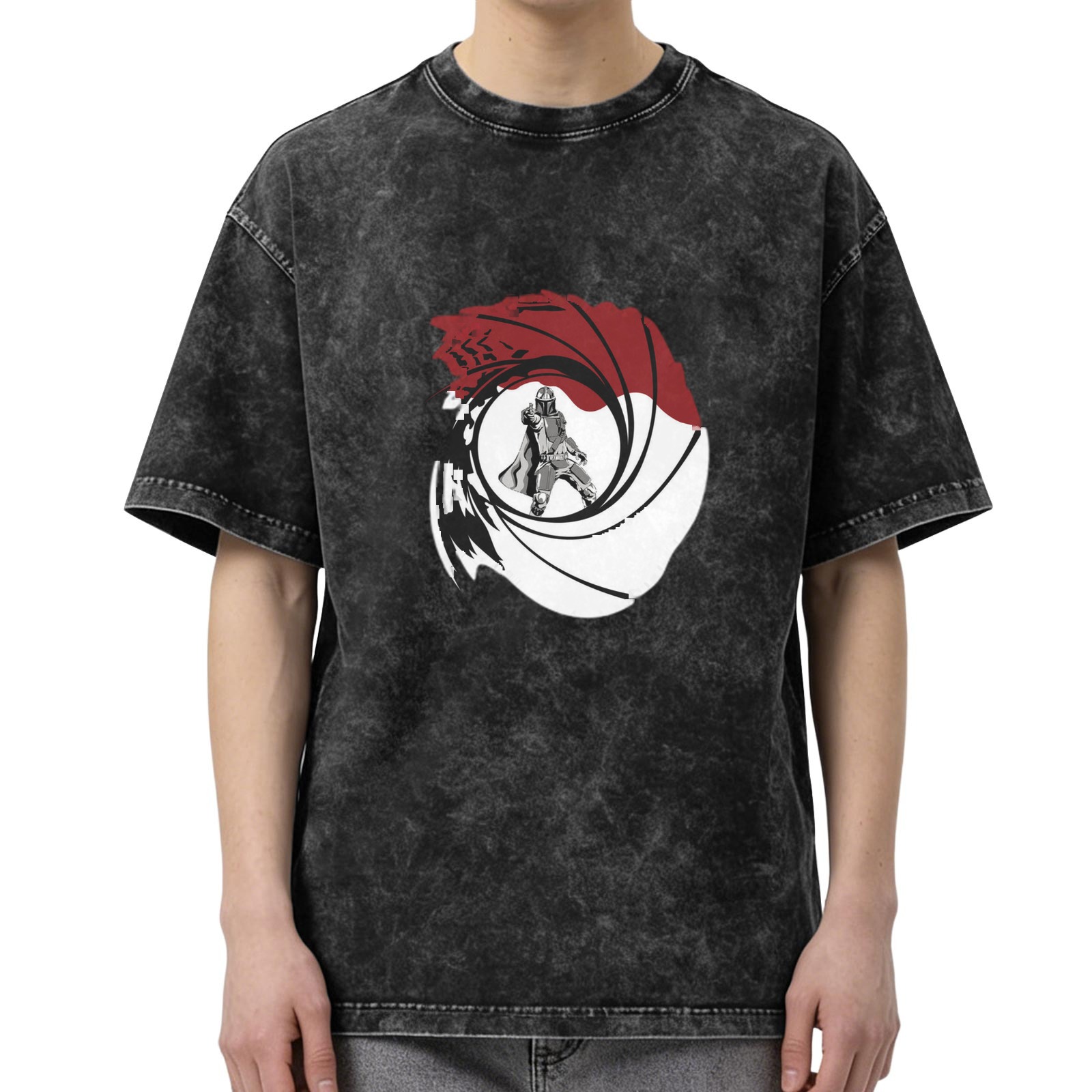 Distressed black round neck short-sleeved T-shirt with secret agent theme gun barrel pattern print