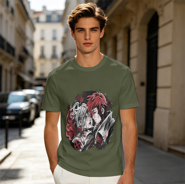 Olive T-Shirt with Anime Style Character Portrait Print