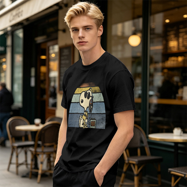 Olive T-shirt with Snoopy and Woodstock Retro Sunset Graphic