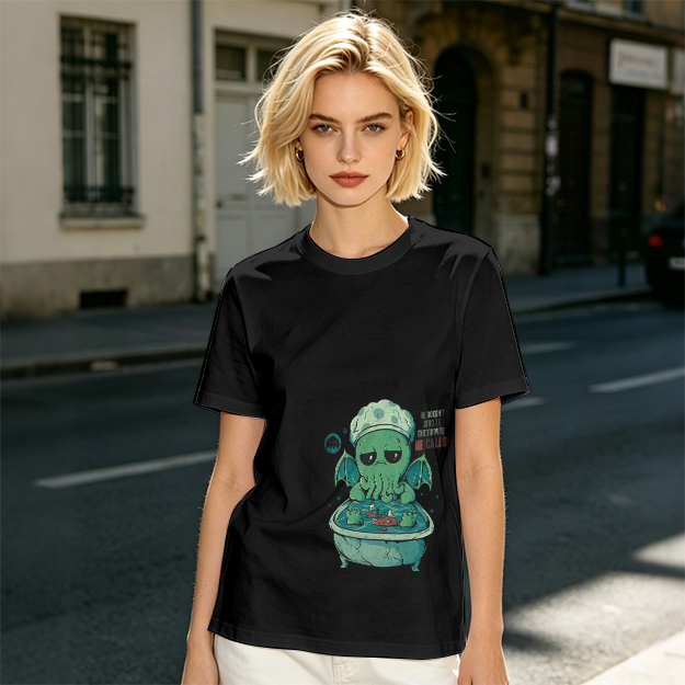 Olive T-shirt with Cute Sad Cthulhu Bathing Graphic