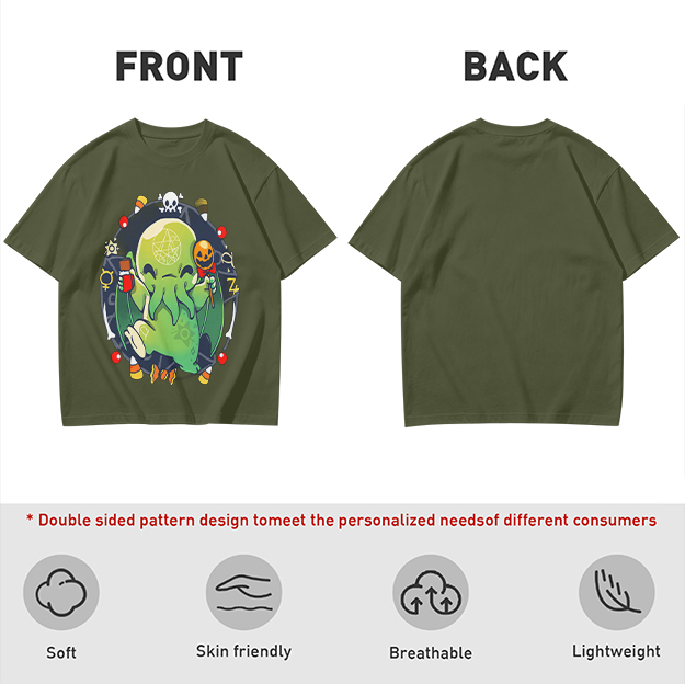 Olive T-Shirt With Cute Halloween Cthulhu Graphic Print