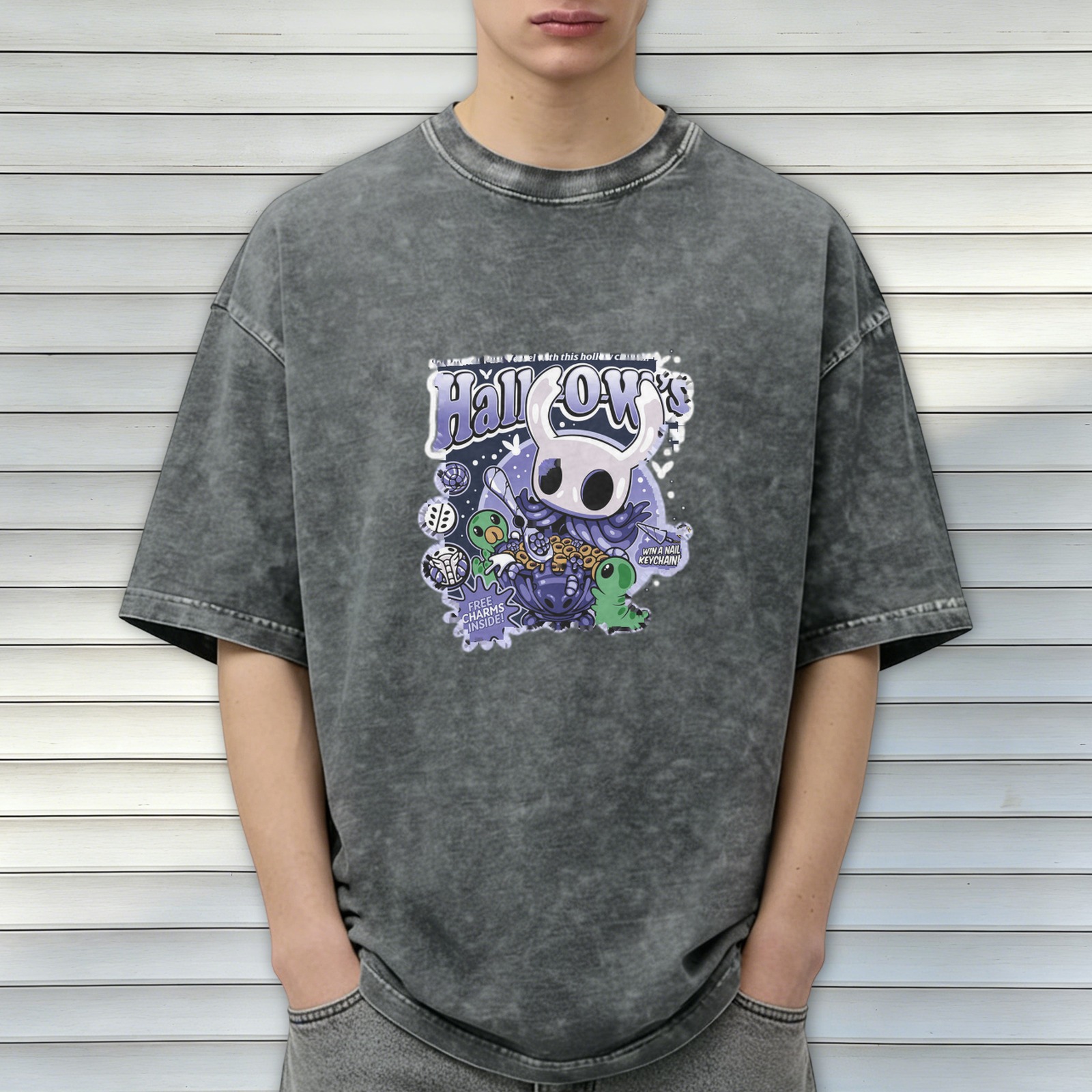 Hollow Knight themed washed distressed short-sleeved T-shirt dark style loose casual top