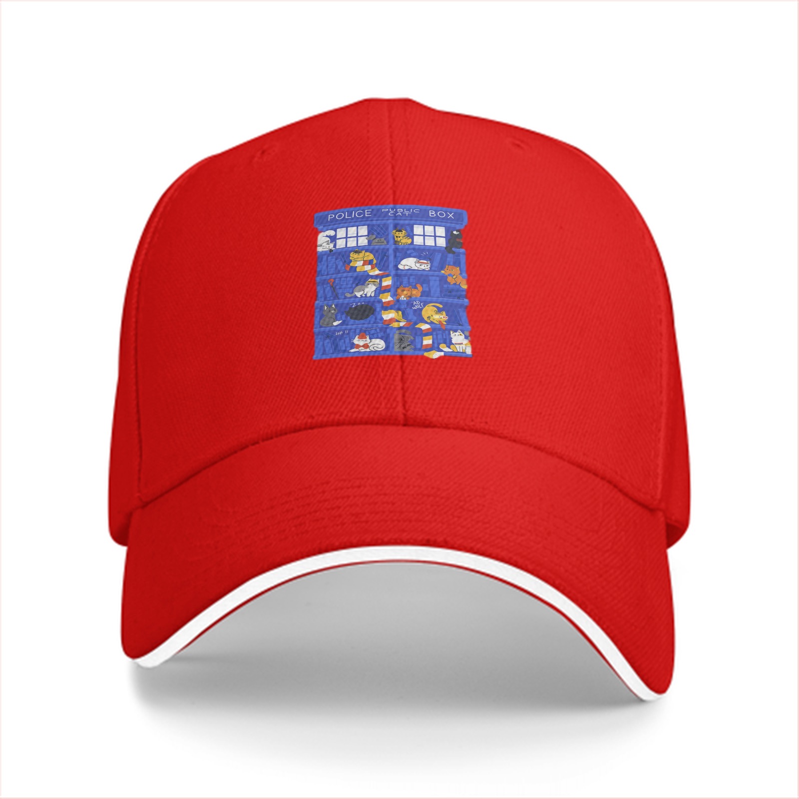 Black Baseball Cap with TARDIS Police Box Cat Print
