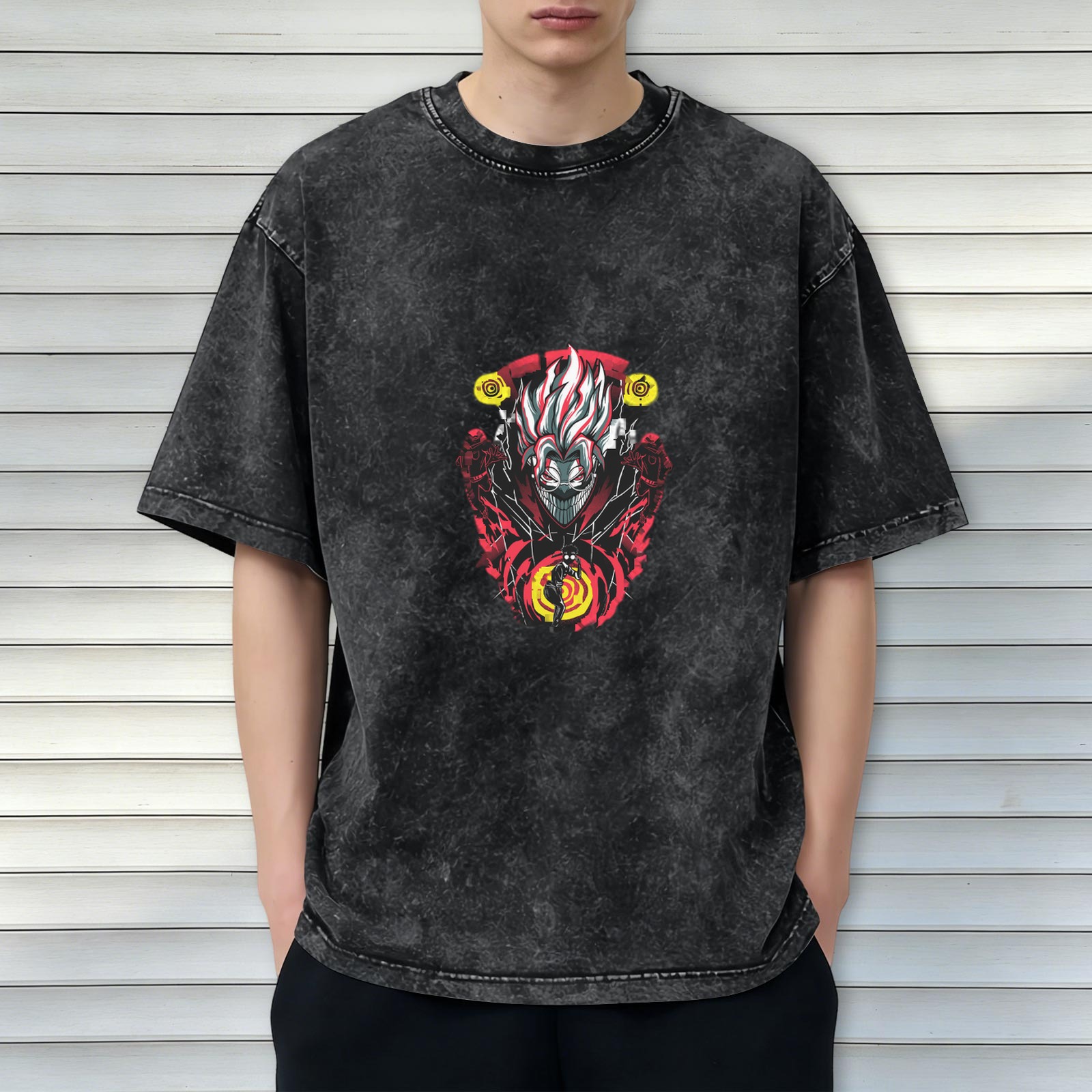 Washed distressed dark style anime print short-sleeved T-shirt
