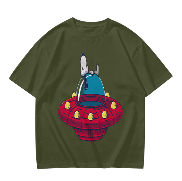 Olive T-Shirt Featuring Snoopy Relaxing in a Red UFO