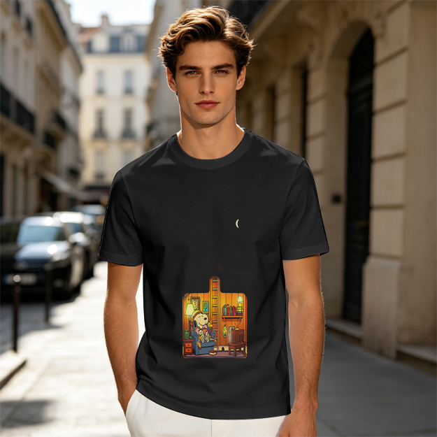 Olive T-Shirt With Cozy Dog In Room Graphic Print