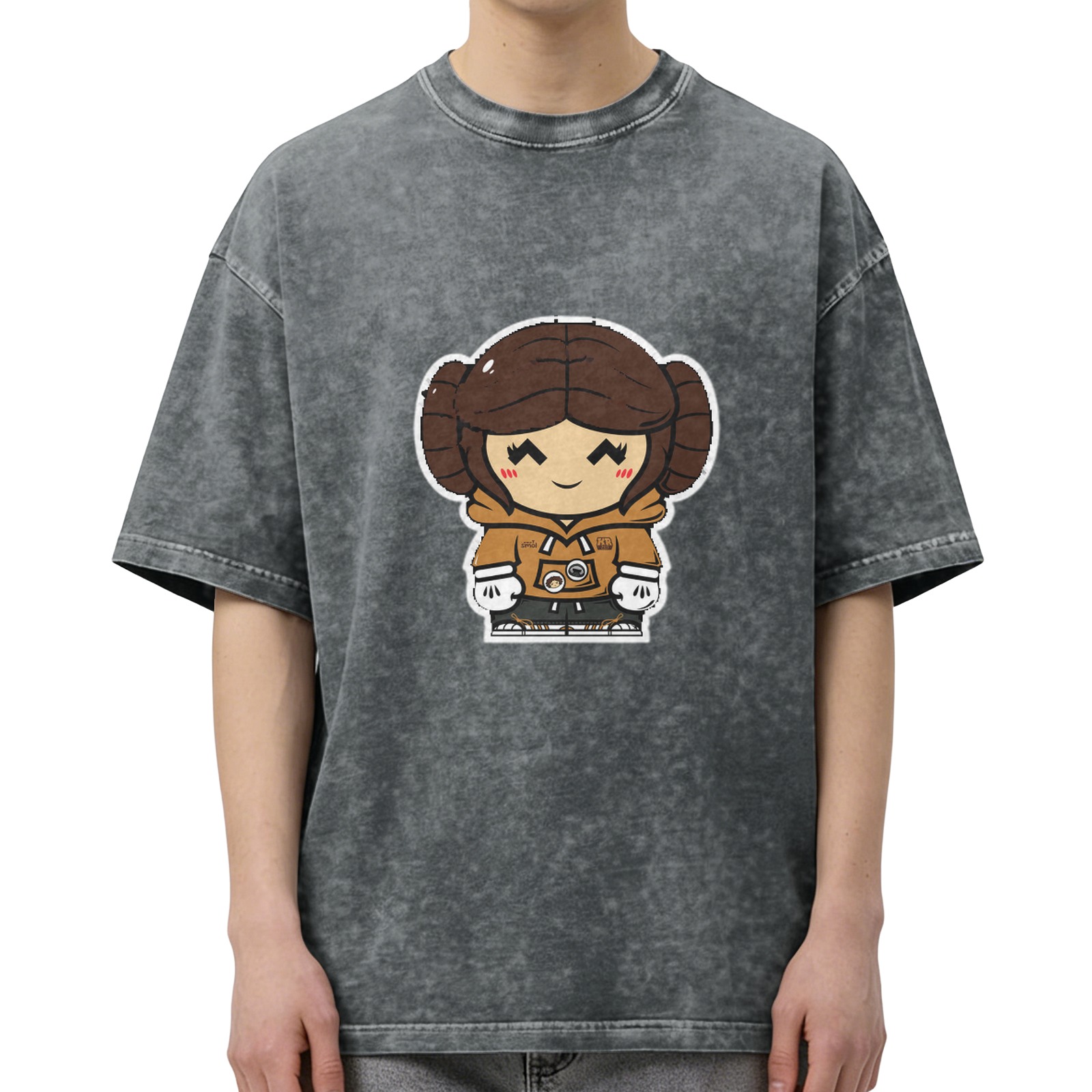 Oversized dark wash t-shirt with chibi princess leia graphic
