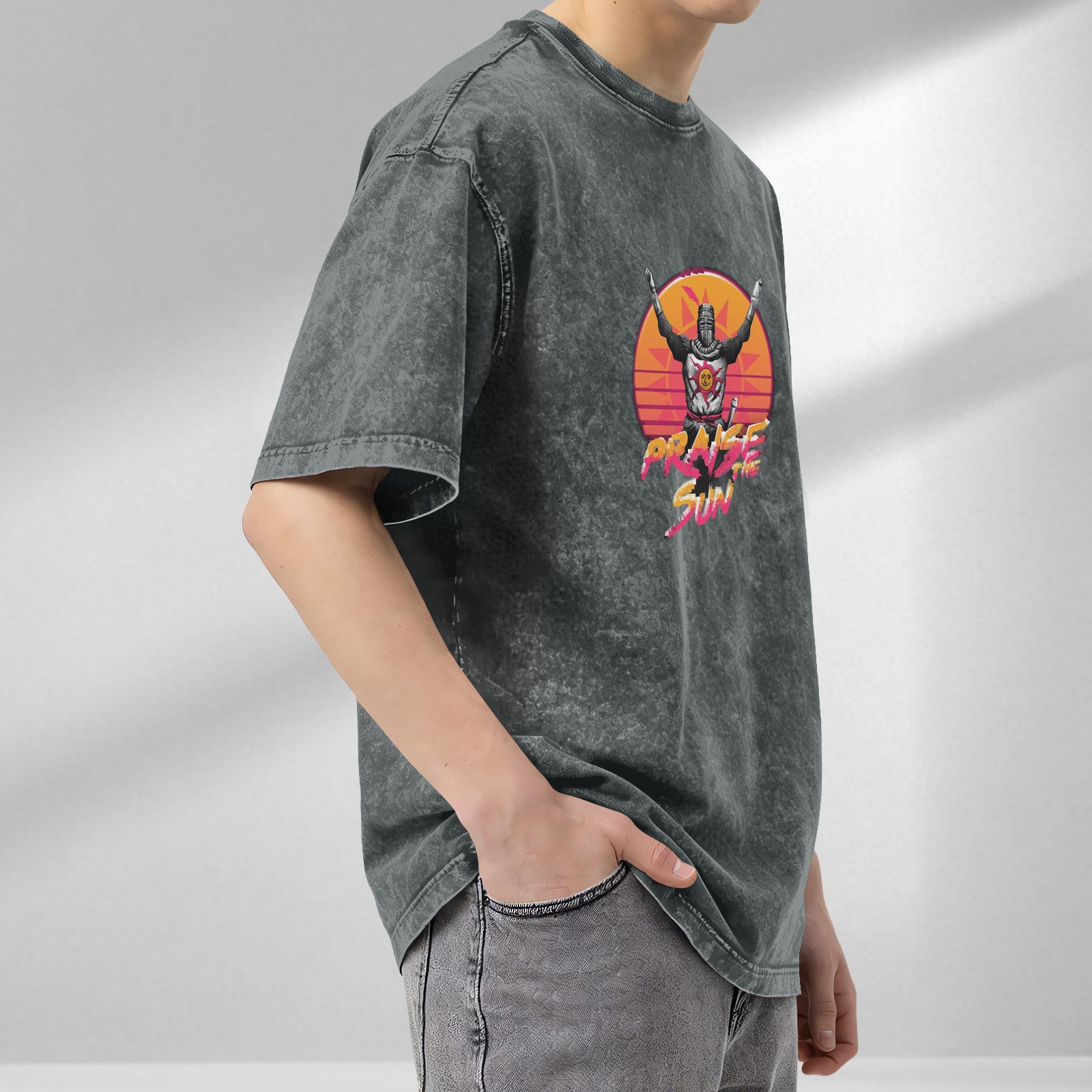 Dark Souls Praise The Sun Retro Graphic Acid Wash Oversized T-Shirt