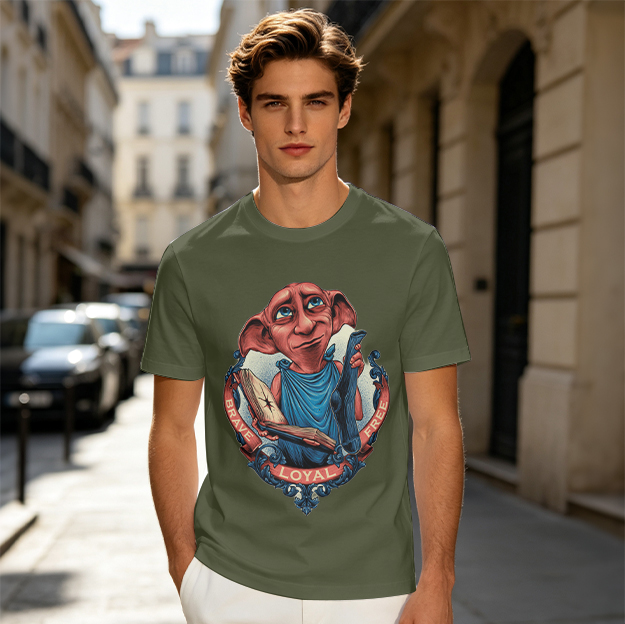 Olive T-Shirt With Dobby The House Elf Brave Loyal Free Print