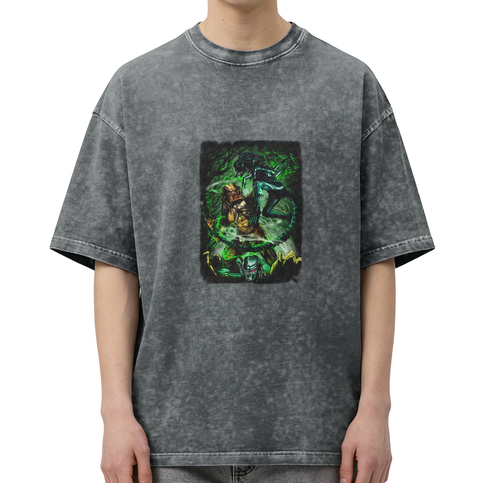 Washed Black Oversized T-Shirt With Alien Vs Predator Graphic