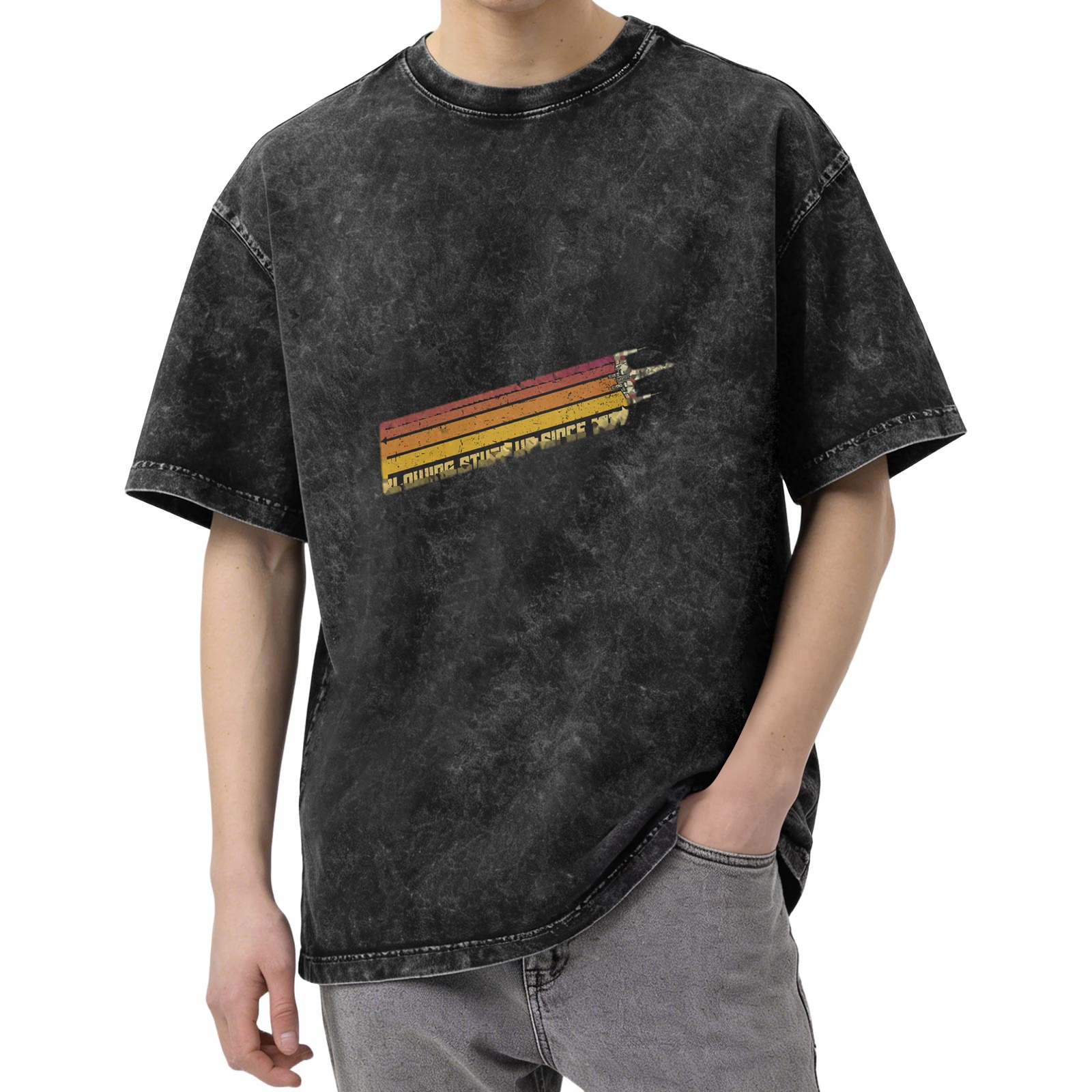 Distressed washed black retro striped pattern short-sleeved T-shirt