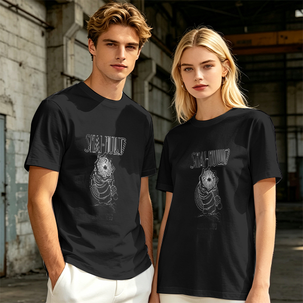 Olive green graphic t-shirt with masked figure print