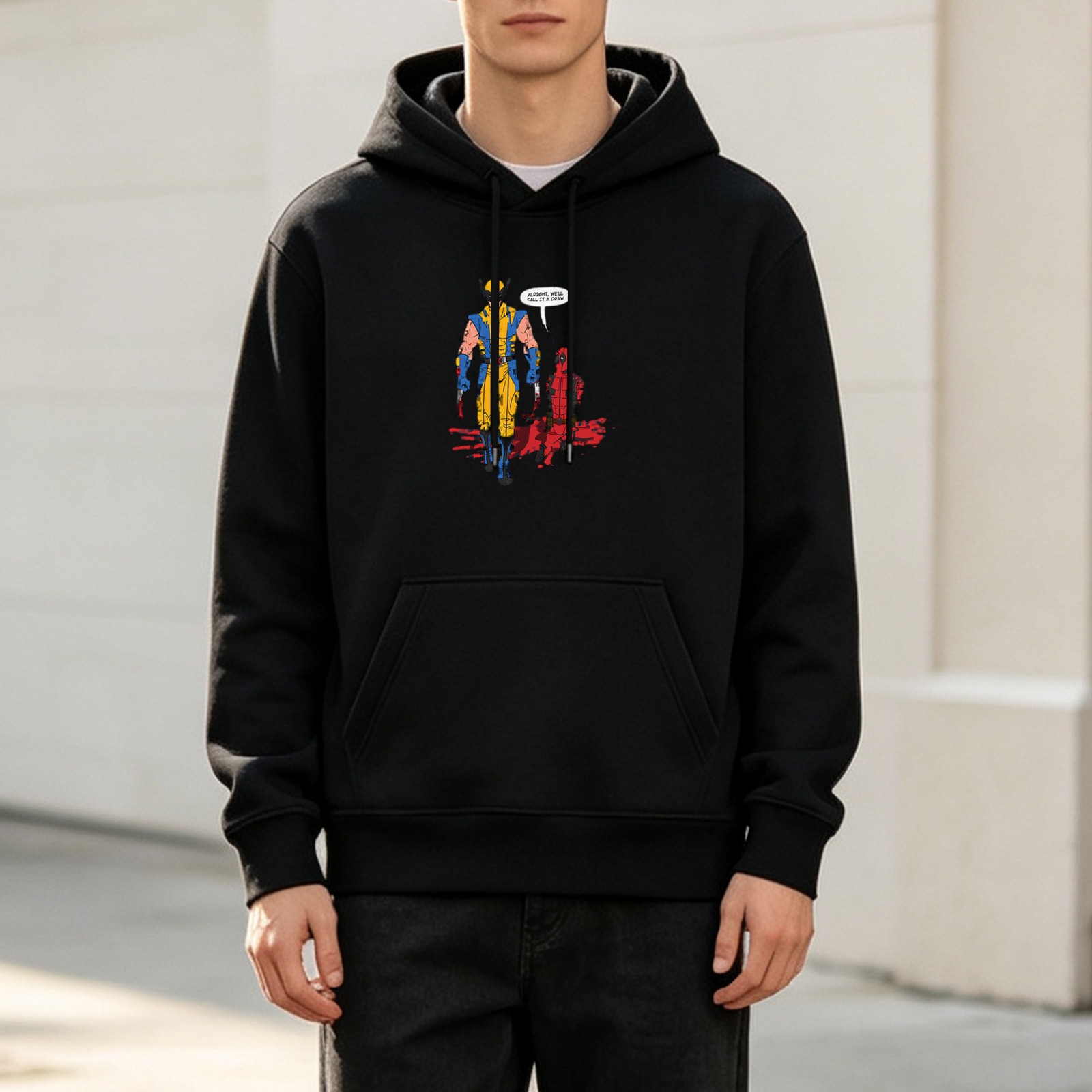 Black hoodie with Wolverine and Deadpool comic print