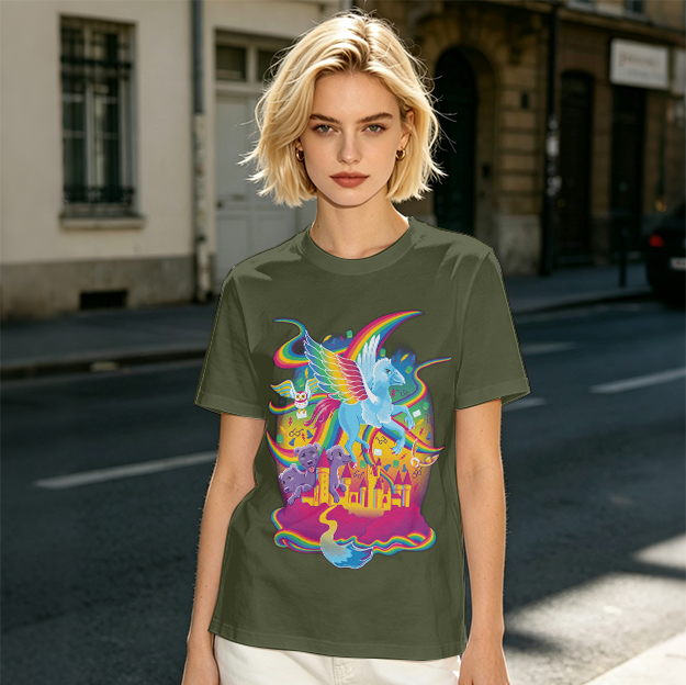 Olive T-Shirt With Whimsical Rainbow Fantasy Creature Castle Art