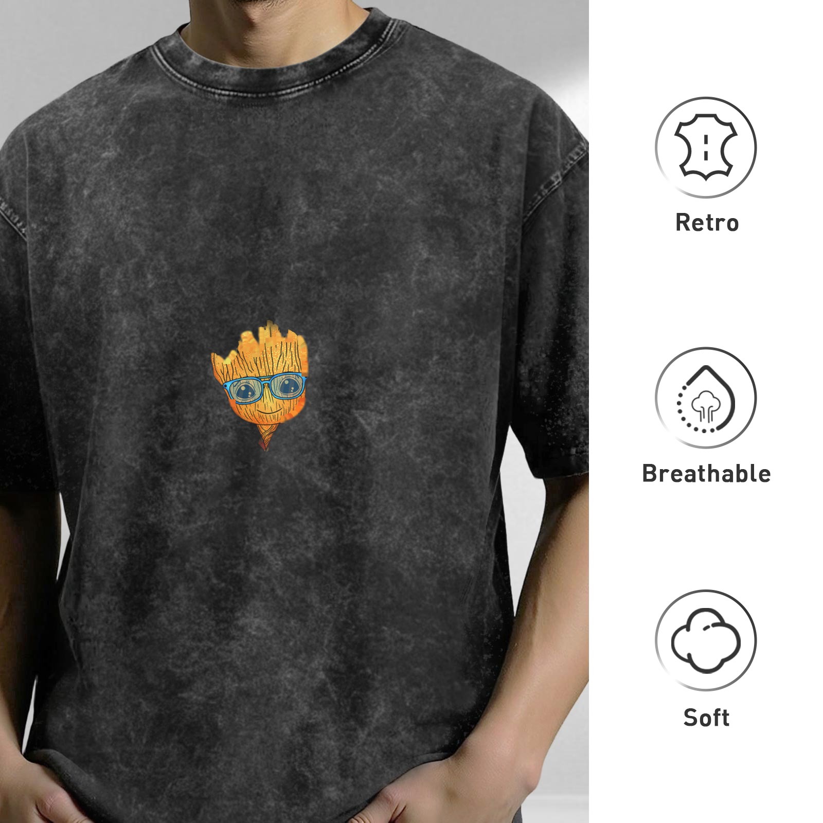 Washed black oversized t-shirt with Baby Groot graphic print