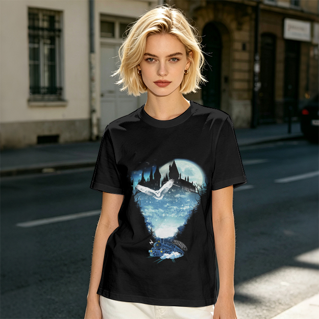 Olive T-Shirt With Magical Castle Owl Night Sky Graphic