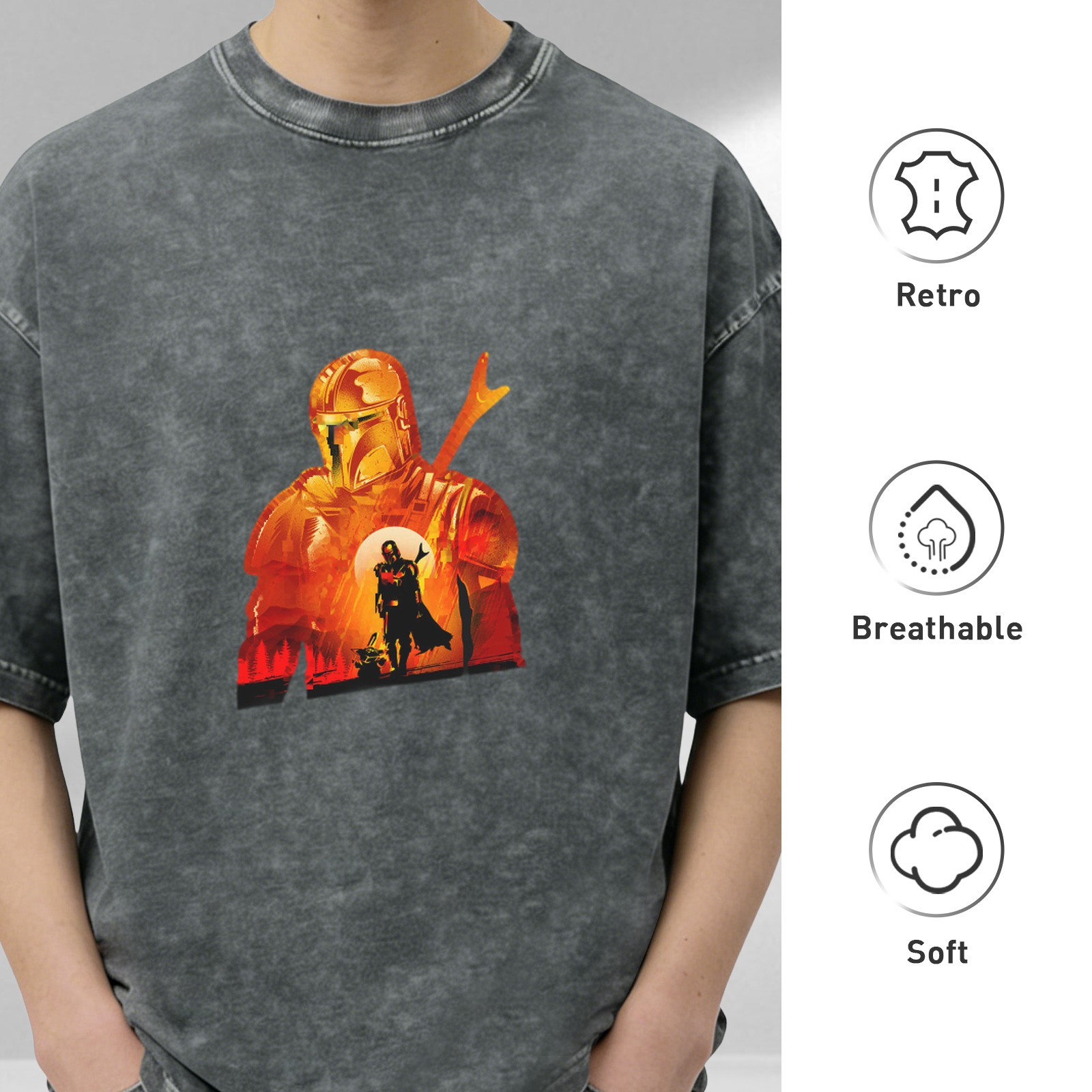 Washed black t-shirt with Mandalorian sunset graphic print