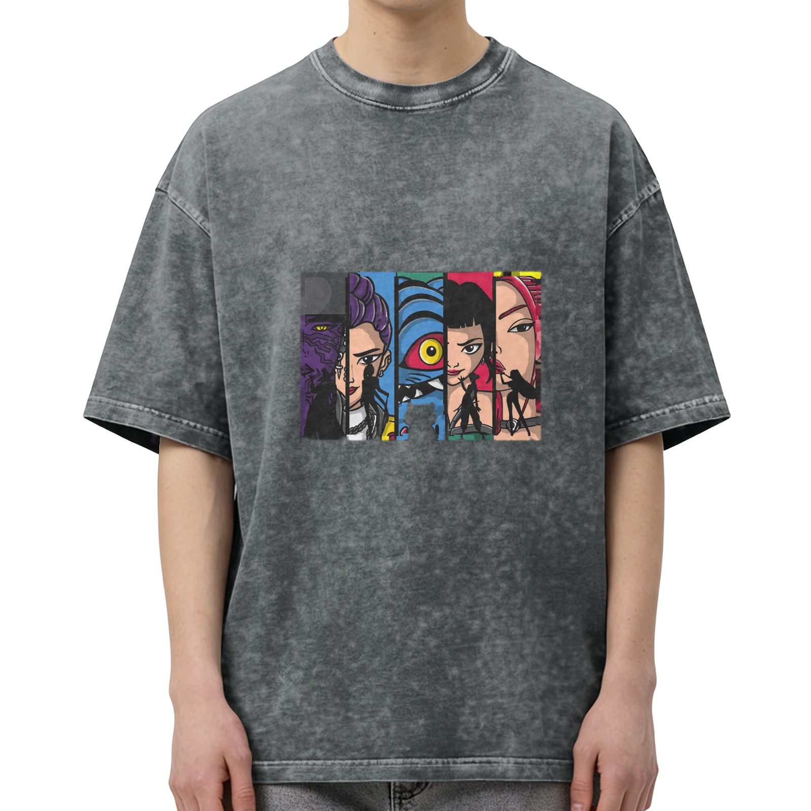 Oversized Acid Wash T-Shirt With Comic Style Character Art Print