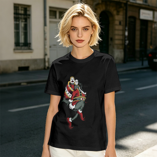 Olive T-shirt with distressed cartoon Santa Claus graphic