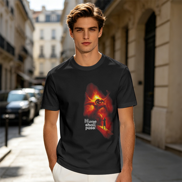 Olive T-Shirt with 'None Shall Pass' Fire Demon Graphic