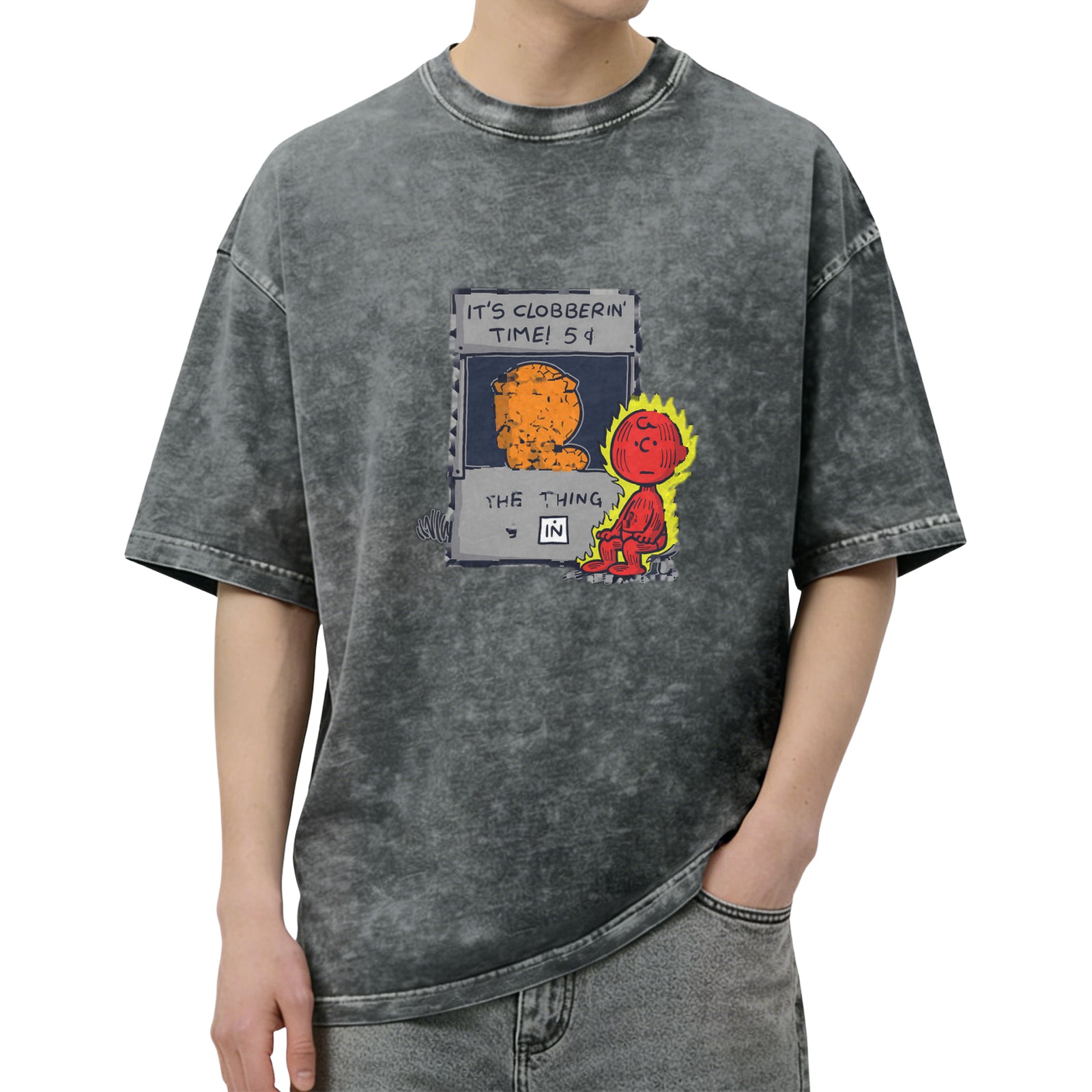 Vintage Acid Wash T-Shirt With It's Clobberin' Time Comic Print