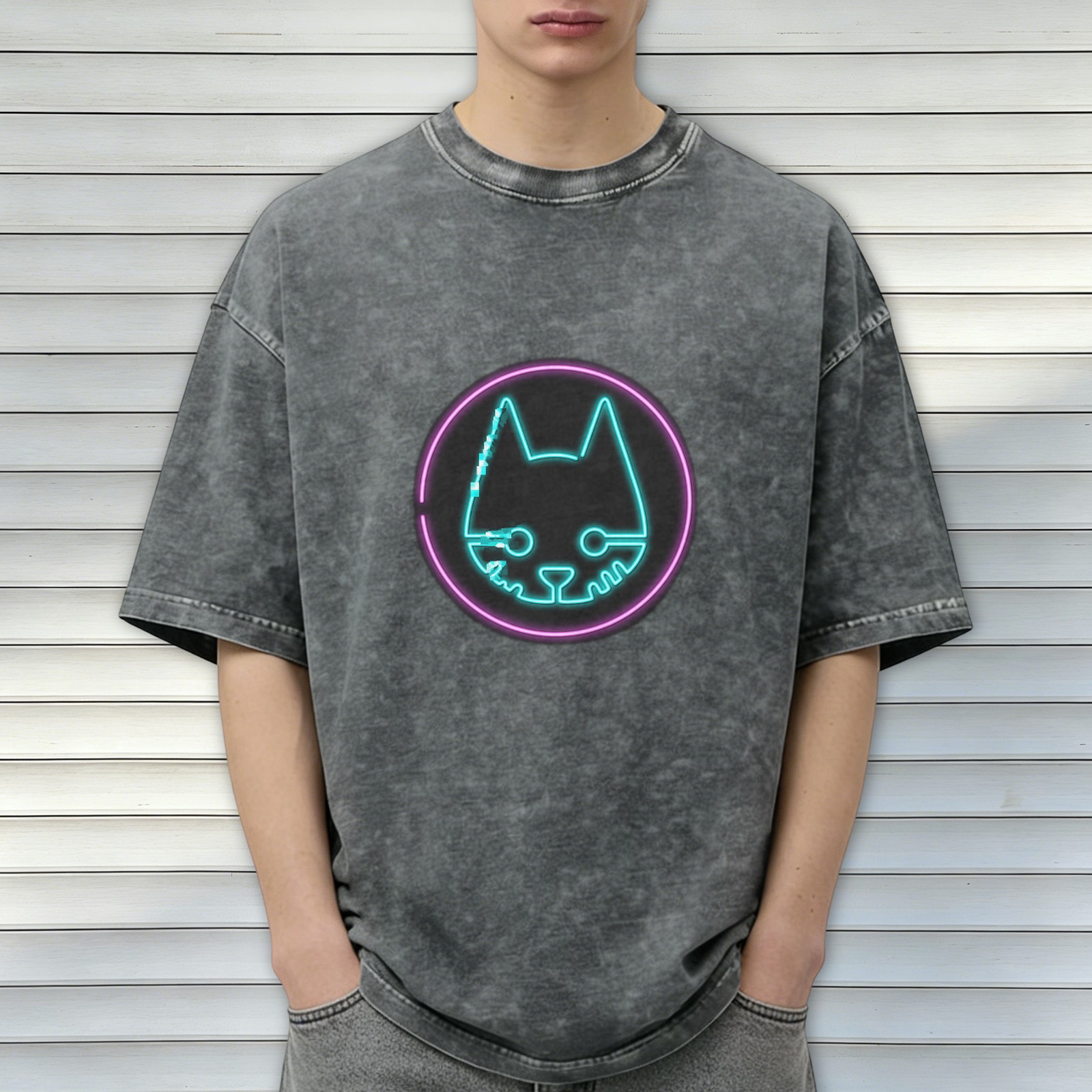 Oversized Vintage Wash T-Shirt with Neon Cyberpunk Cat Graphic Print