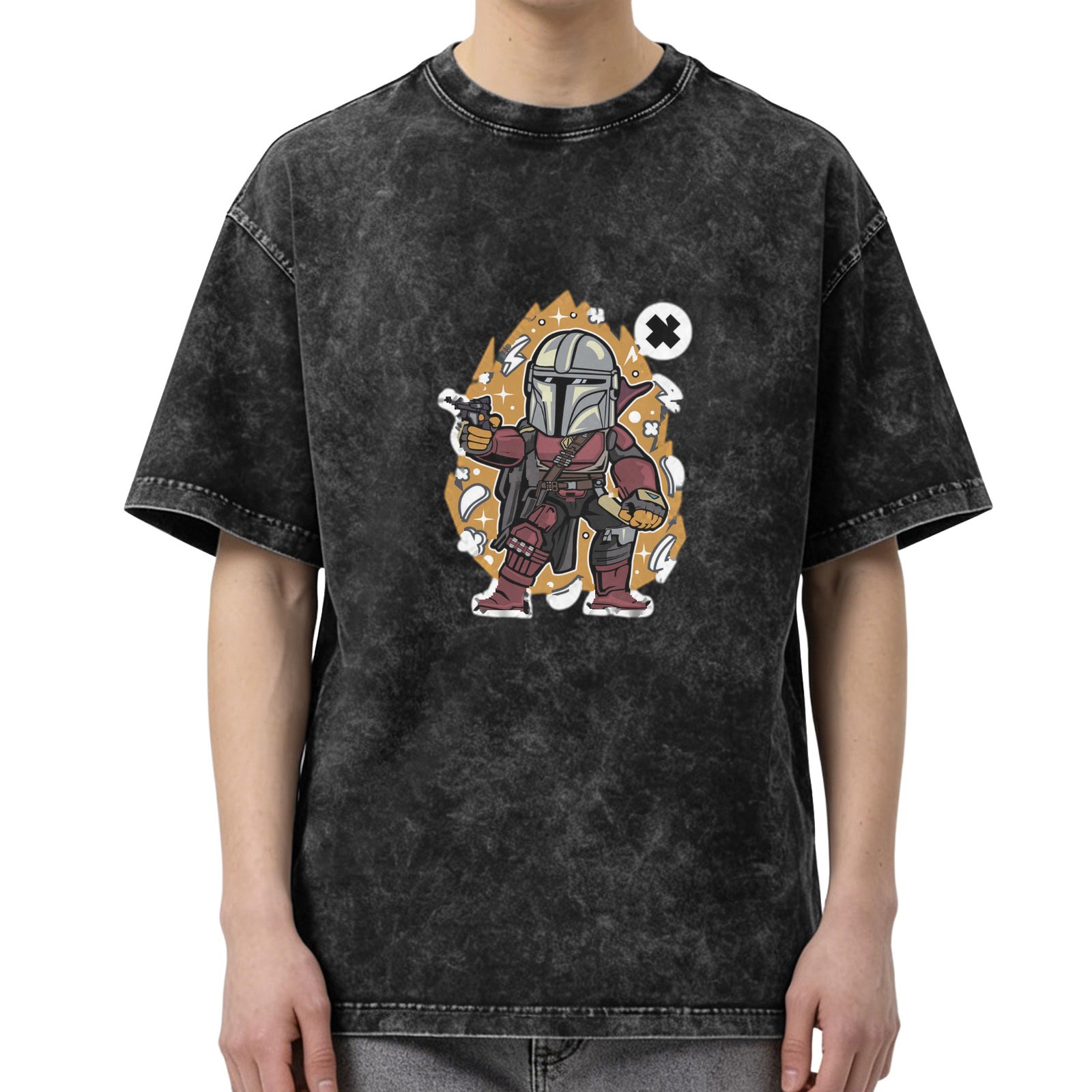 Washed Black T-Shirt with Chibi Mandalorian Graphic Print