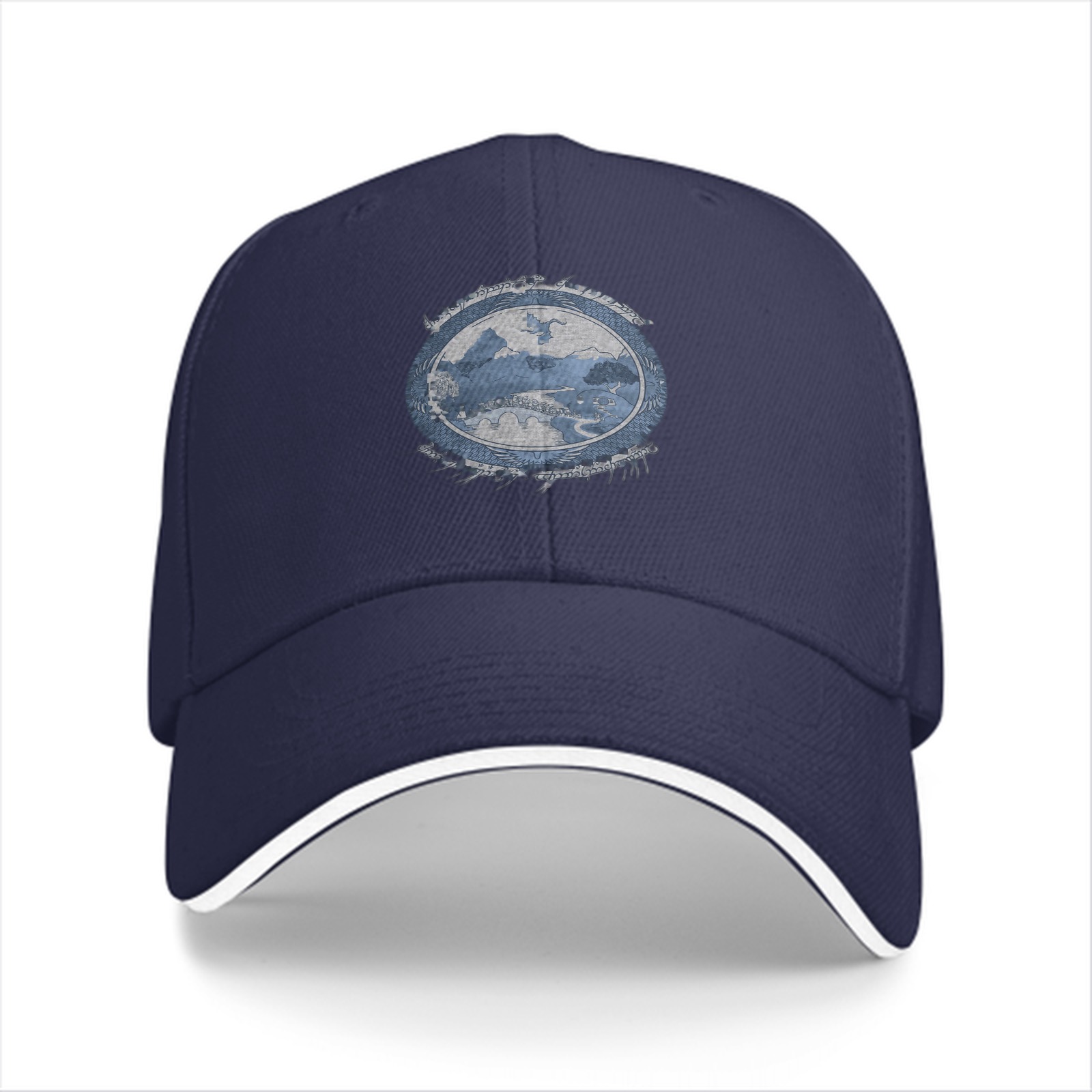 Black Baseball Cap With Distressed Blue Landscape Graphic