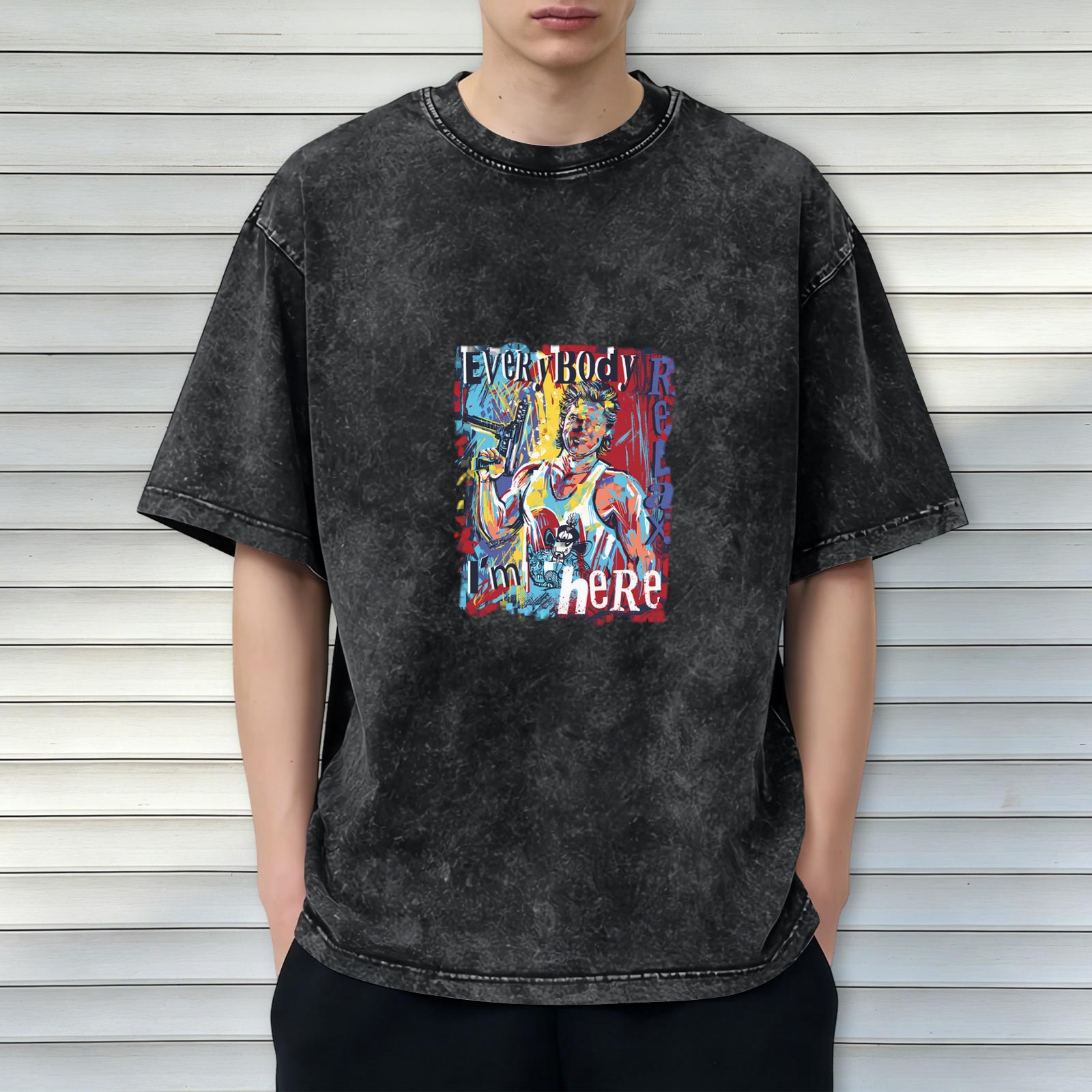 Washed Black Graphic T-Shirt with Everybody Relax I'm Here Art Print