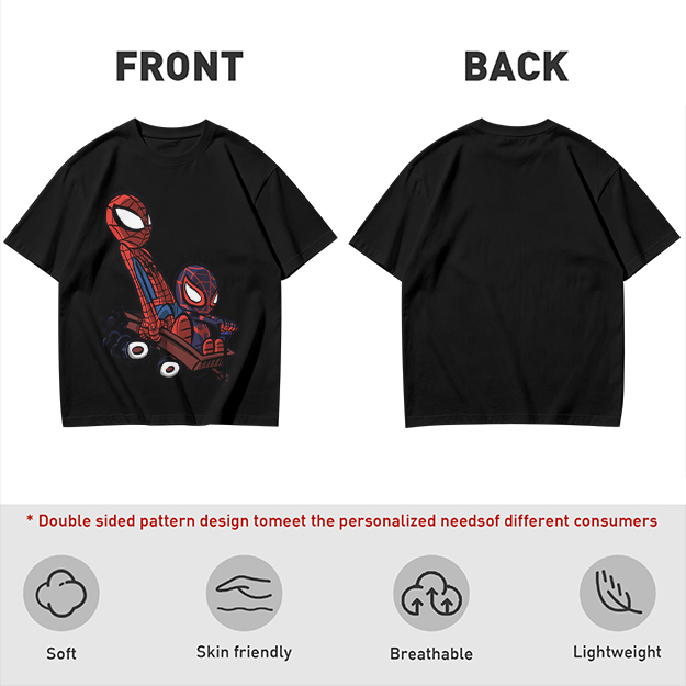 Olive T-shirt with Chibi Spider-Men Riding a Wagon Graphic