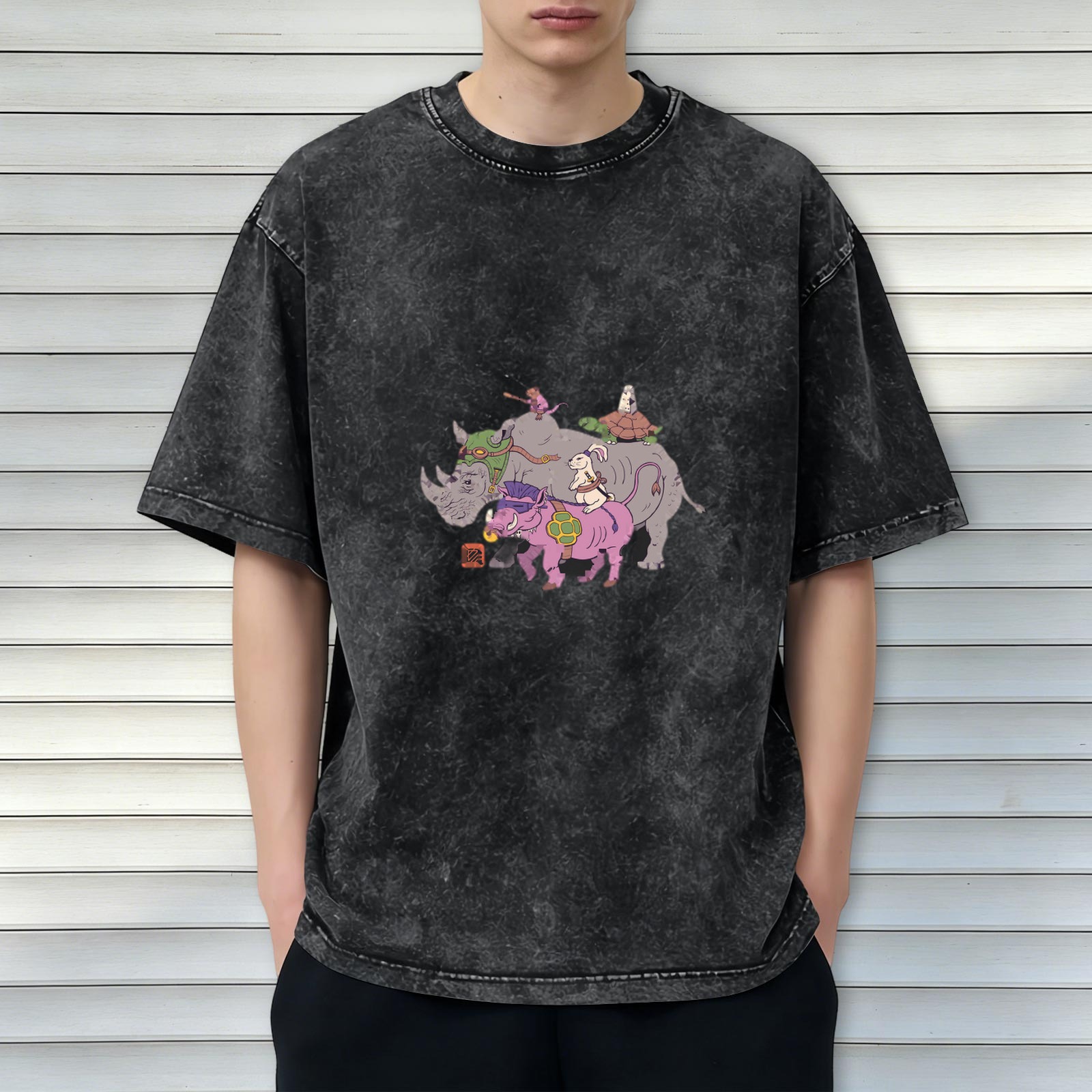 Washed black graphic t-shirt with fantasy animal characters print