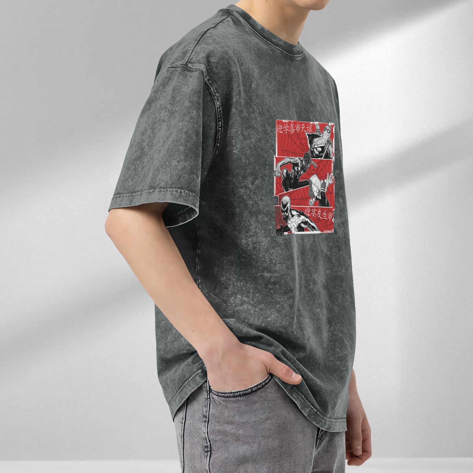 Oversized Spider-Verse Graphic T-Shirt with Red Panels