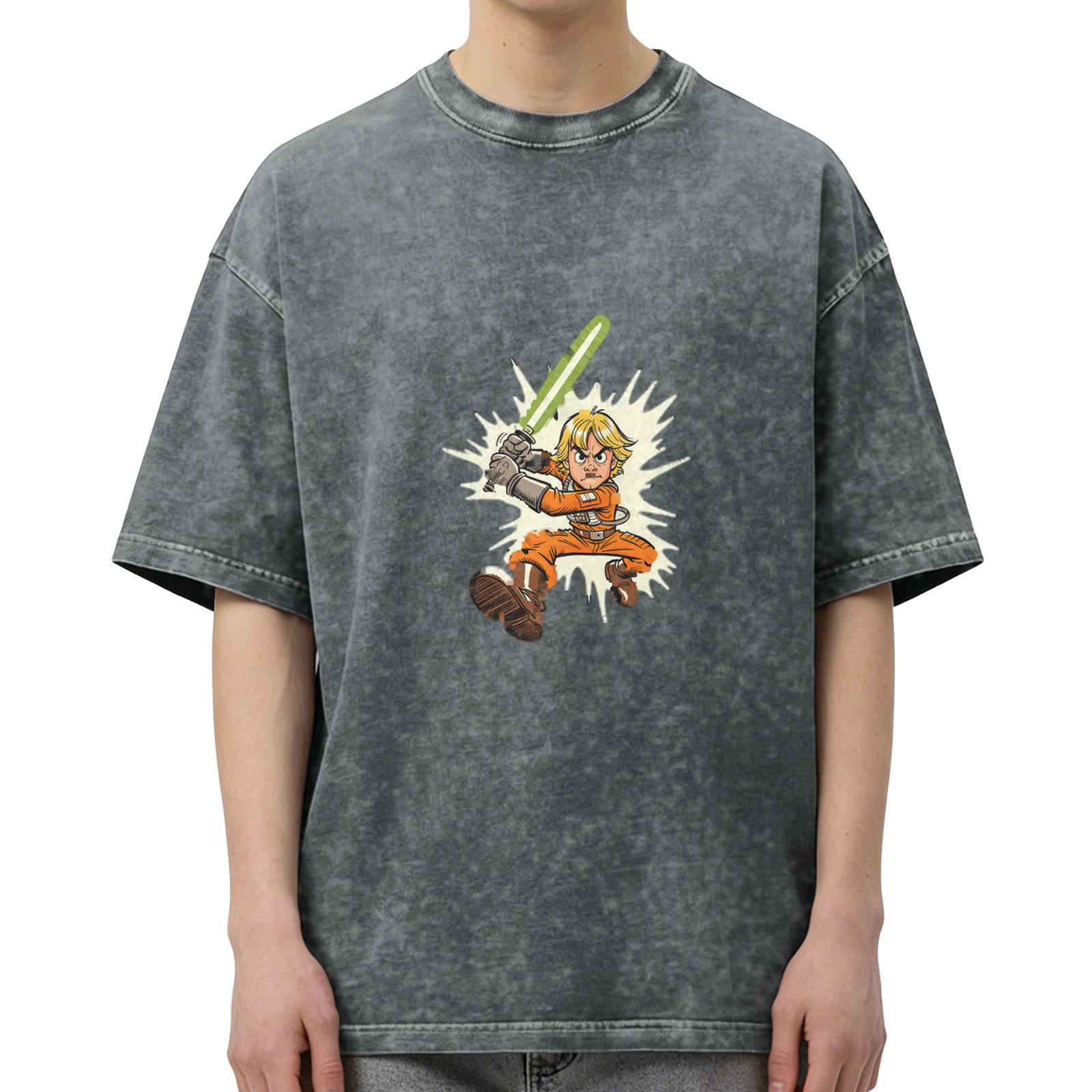 Washed Black T-Shirt With Cartoon Luke Skywalker Lightsaber Print
