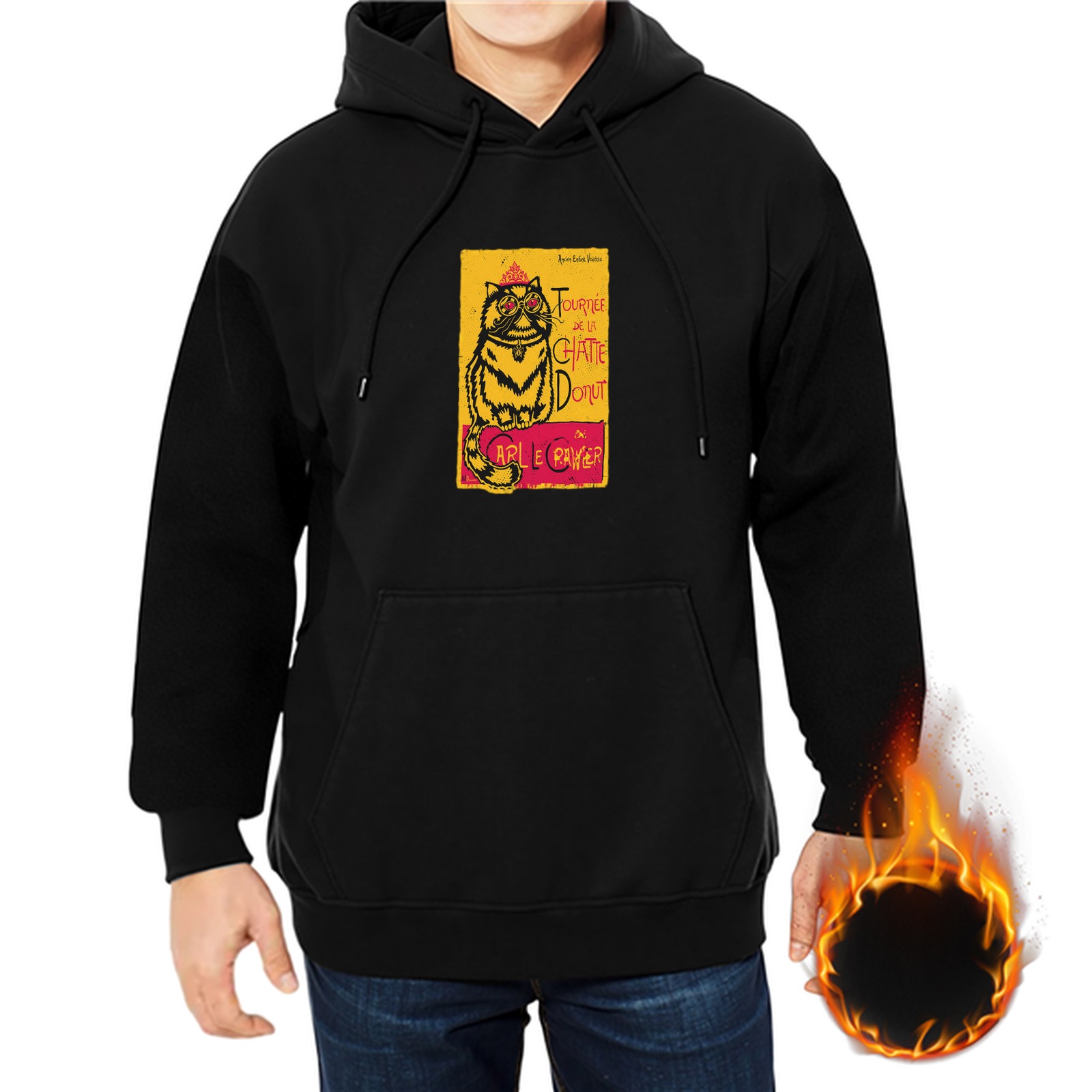 Black hoodie with a graphic of a stylized cat in yellow and red